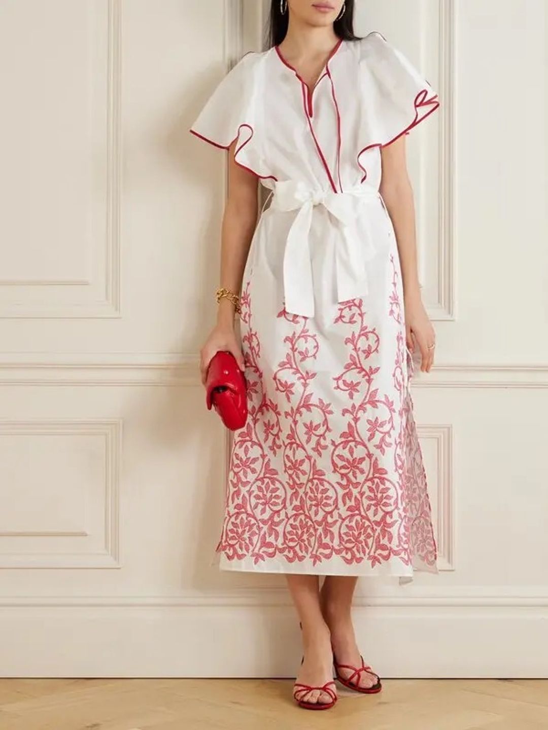Daisy belted embroidered cotton-poplin midi dress