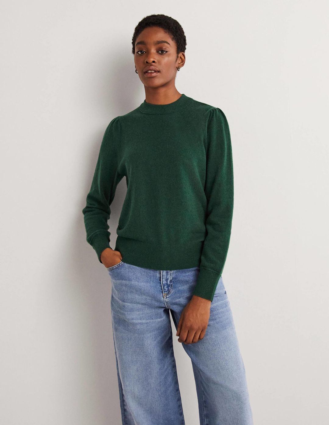 Cashmere Puff Shoulder Sweater-Hunter Green Melange