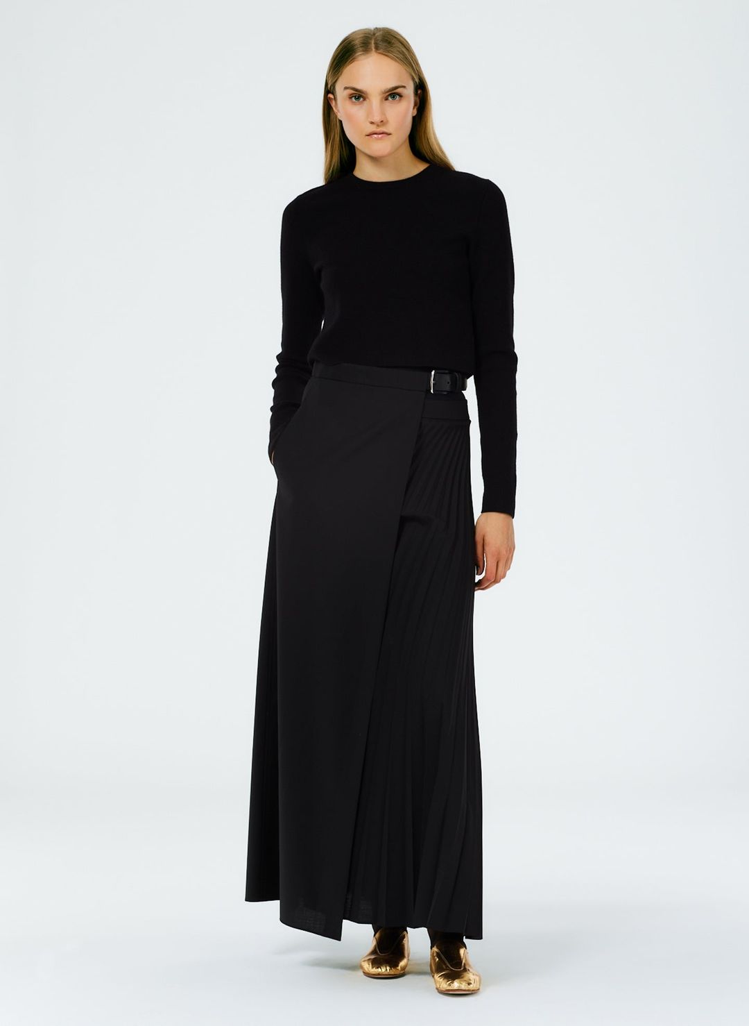 Tropical Wool Pleated Leather Belt Maxi Skirt