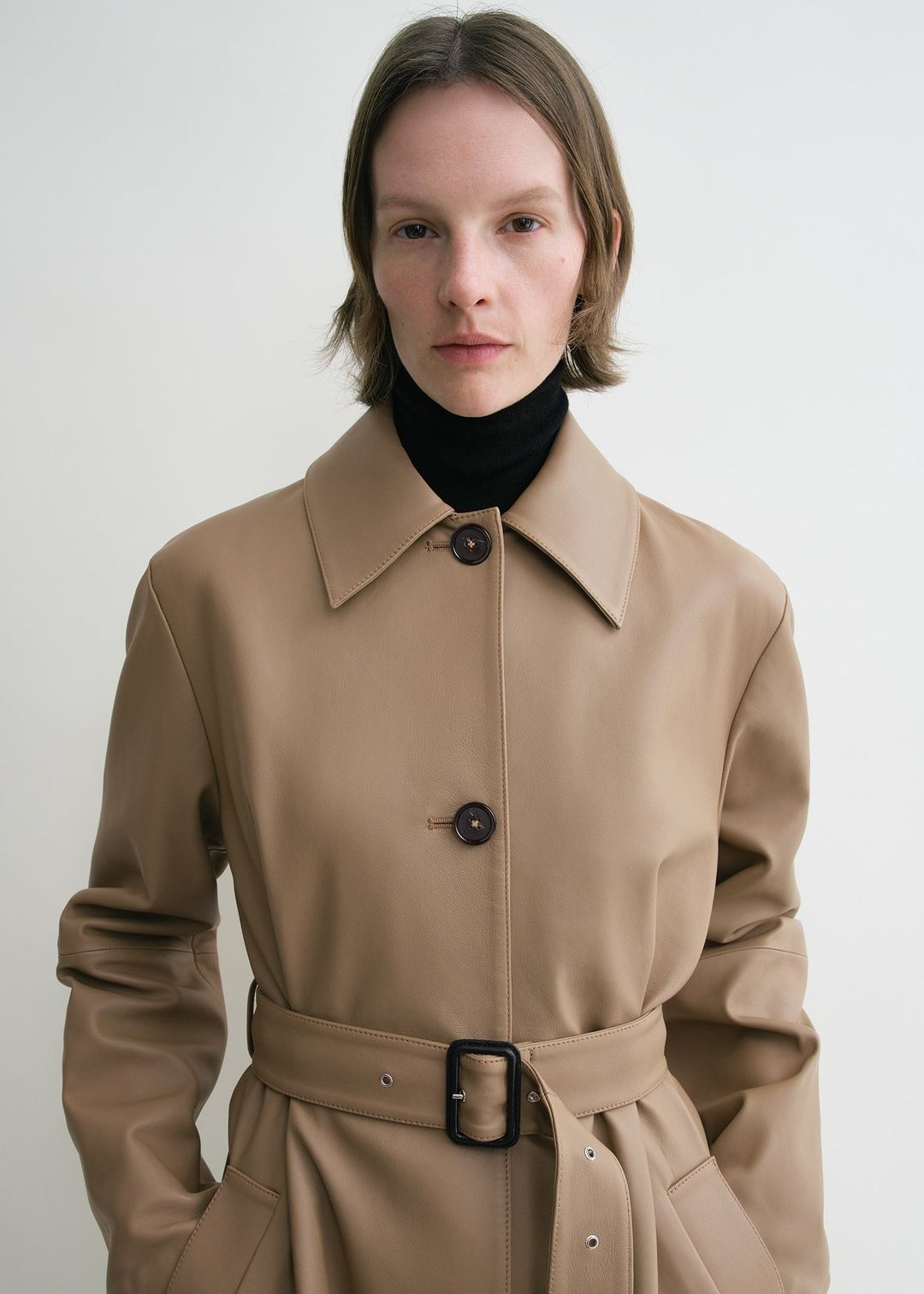 Belted leather coat truffle #4