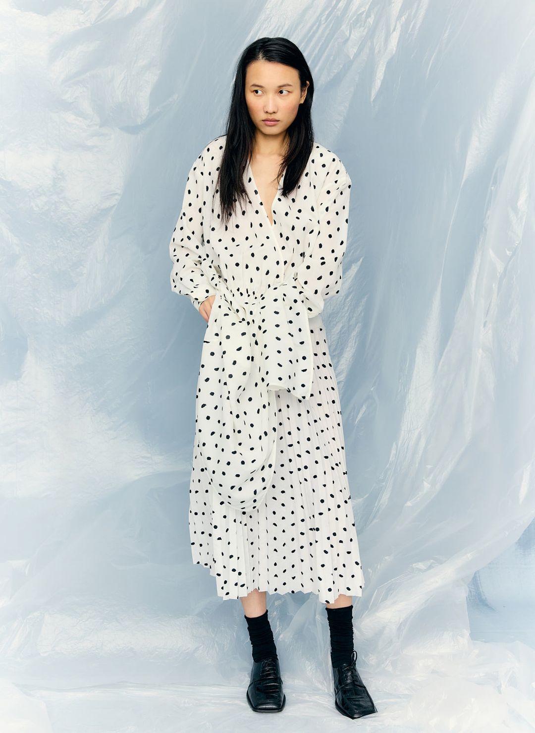 Scribble Dot Print Stretch Plisse Wrap Dress