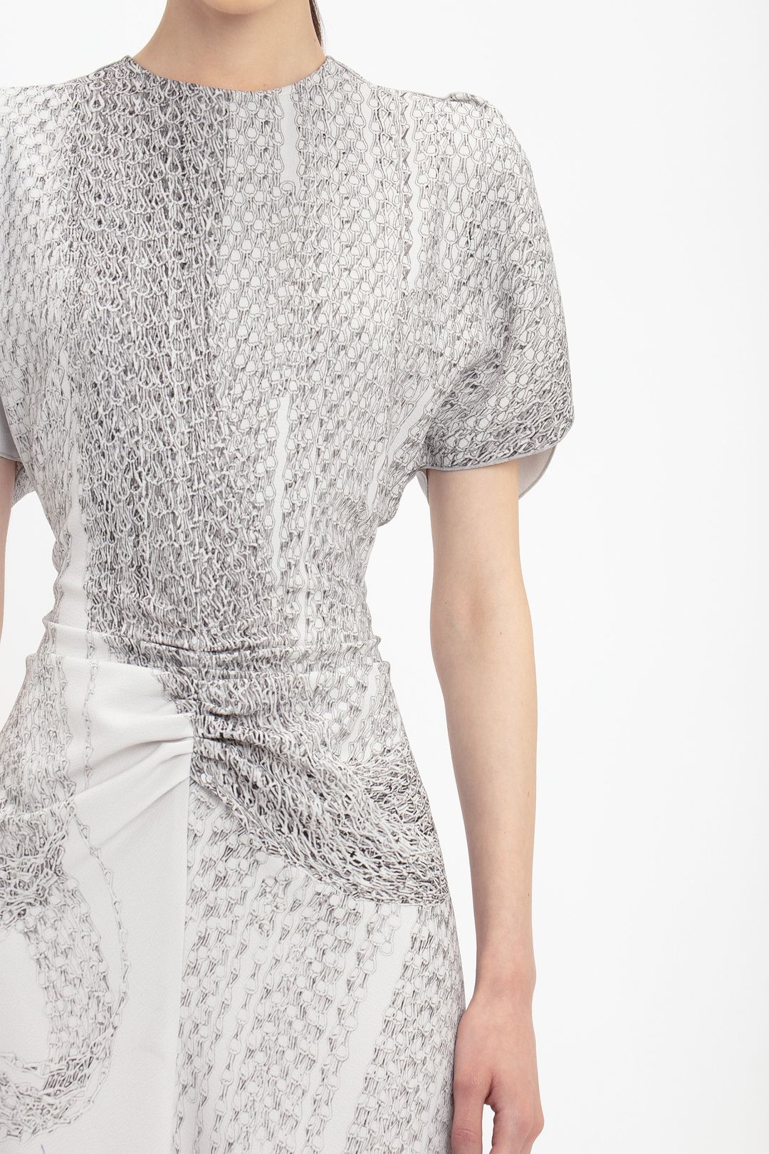 Gathered Waist Midi Dress In Grey Mist-Silver Chain Print #4