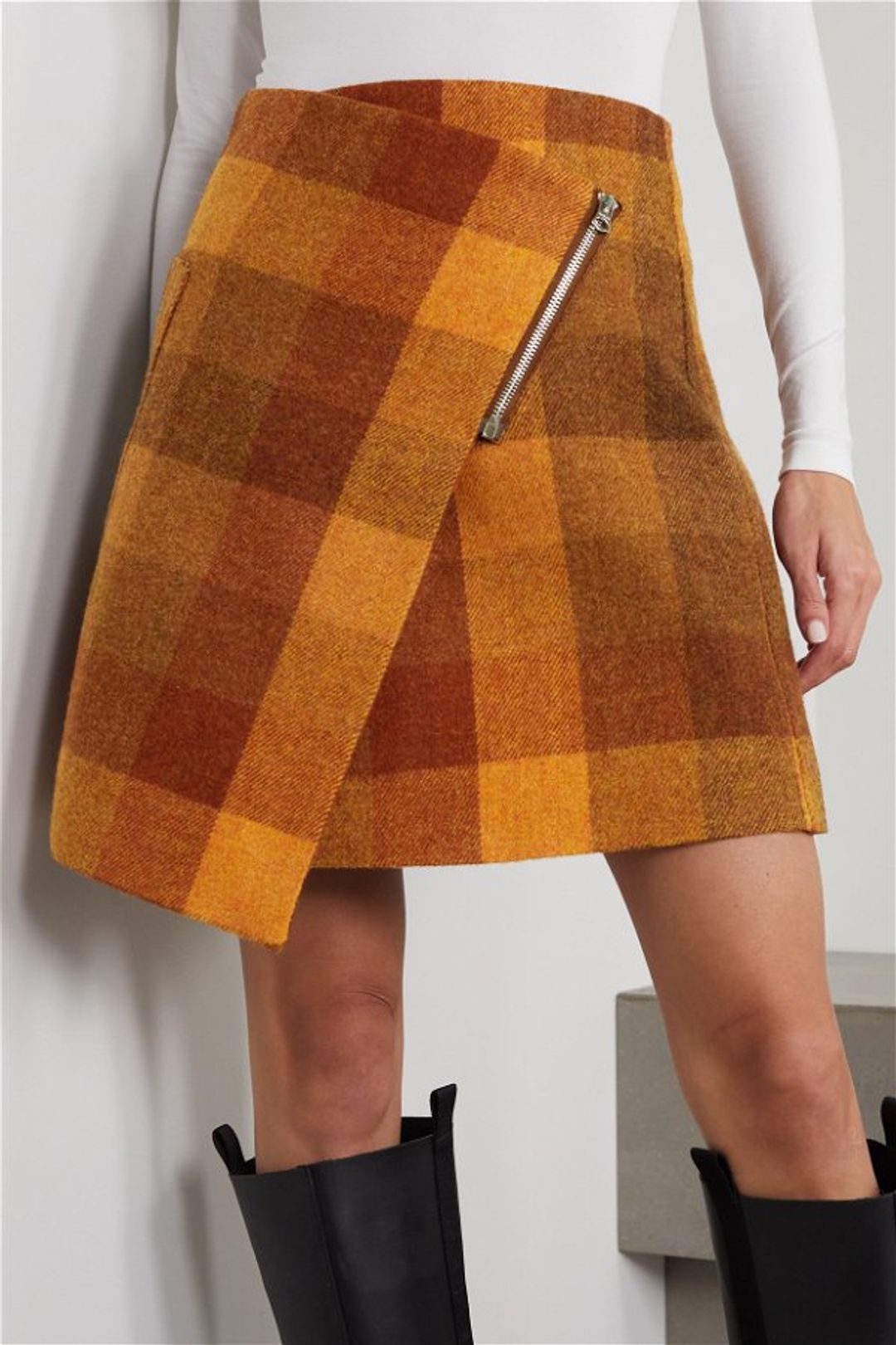 Asymmetric Checked Wool Mini Wrap Skirt #4