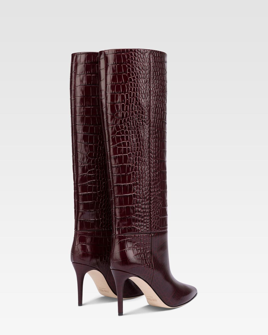 Pointed knee-high boots in rouge noir soft croco-embossed leather #3