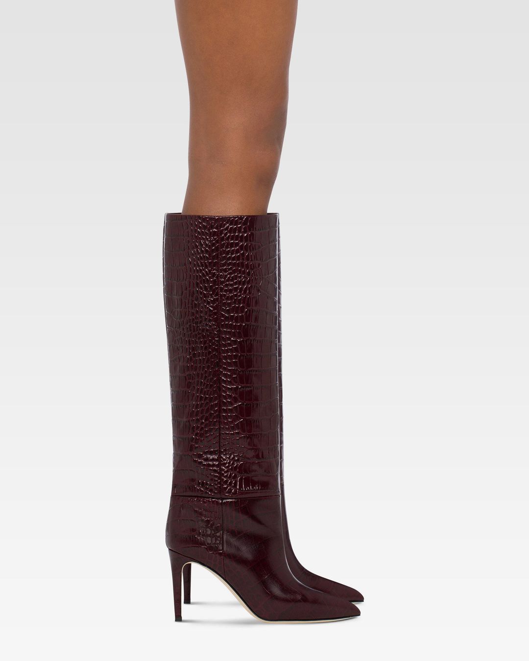 Pointed knee-high boots in rouge noir soft croco-embossed leather #6