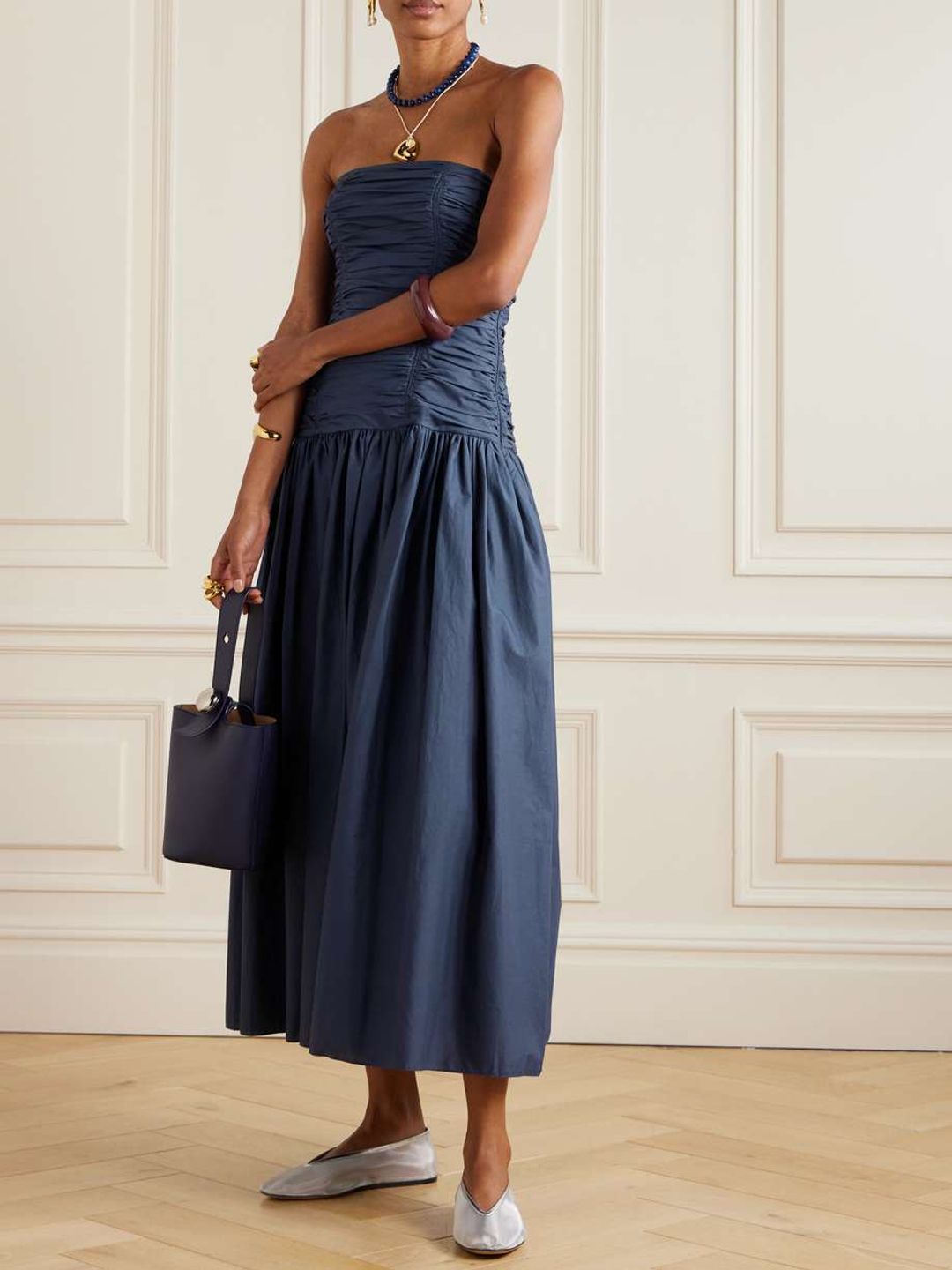 Strapless ruched organic cotton-poplin midi dress #2