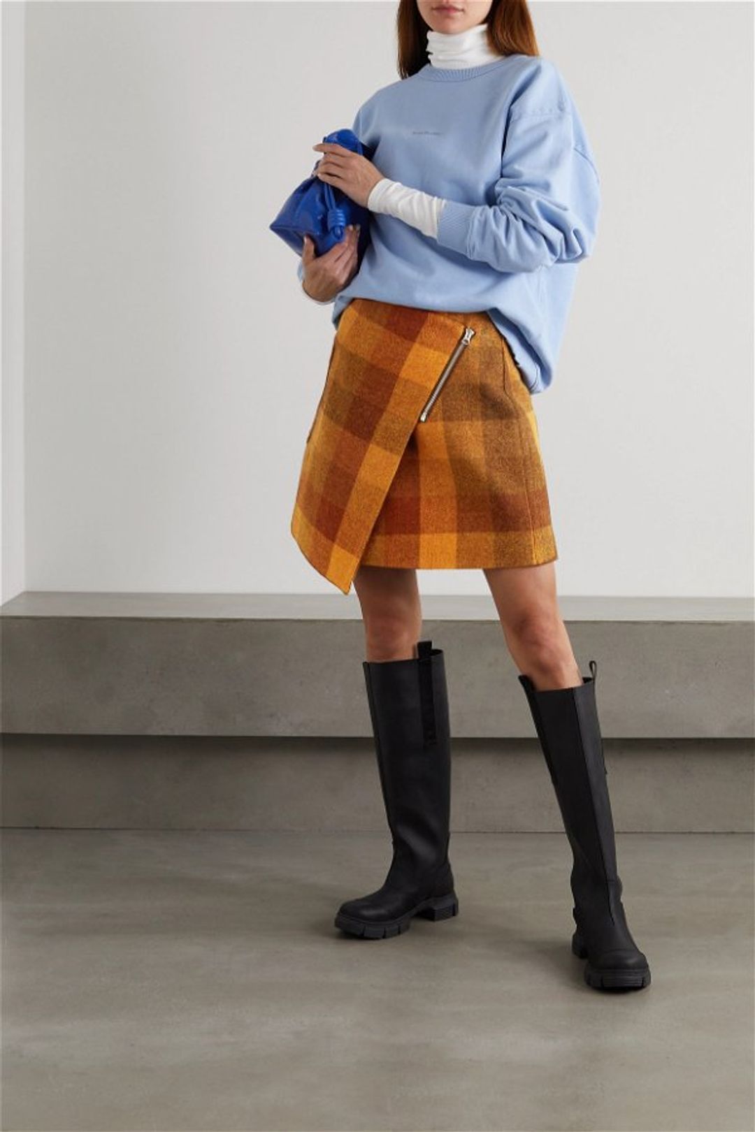 Asymmetric Checked Wool Mini Wrap Skirt #5