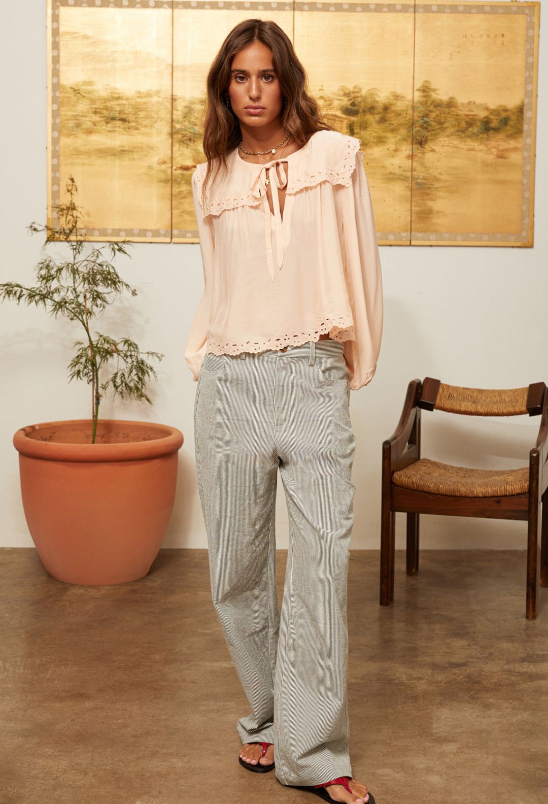 Jona Peach Embroidered Silk Top