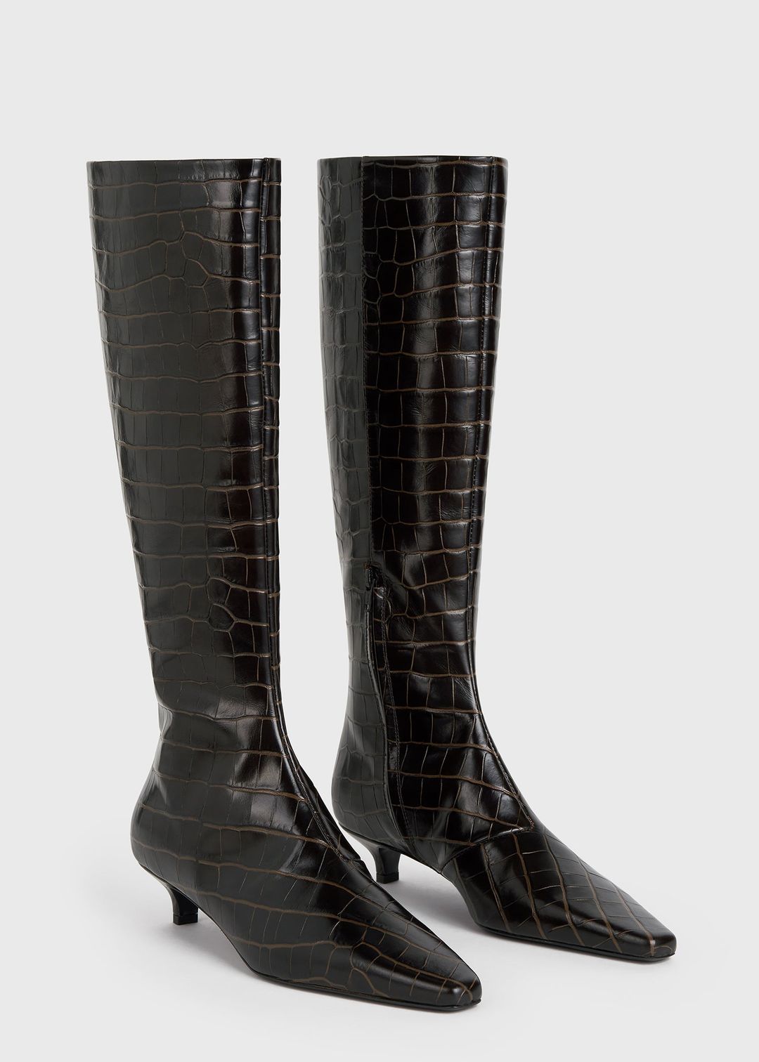 Slim croco-embossed knee-high boots dark brown #5