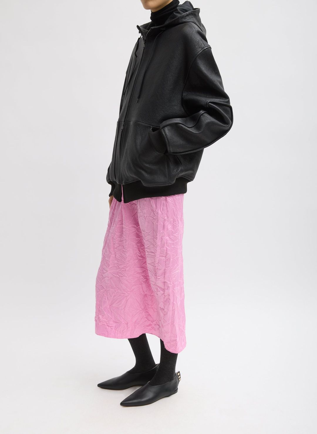 Pebbled Leather Zip Up Hoodie Jacket
