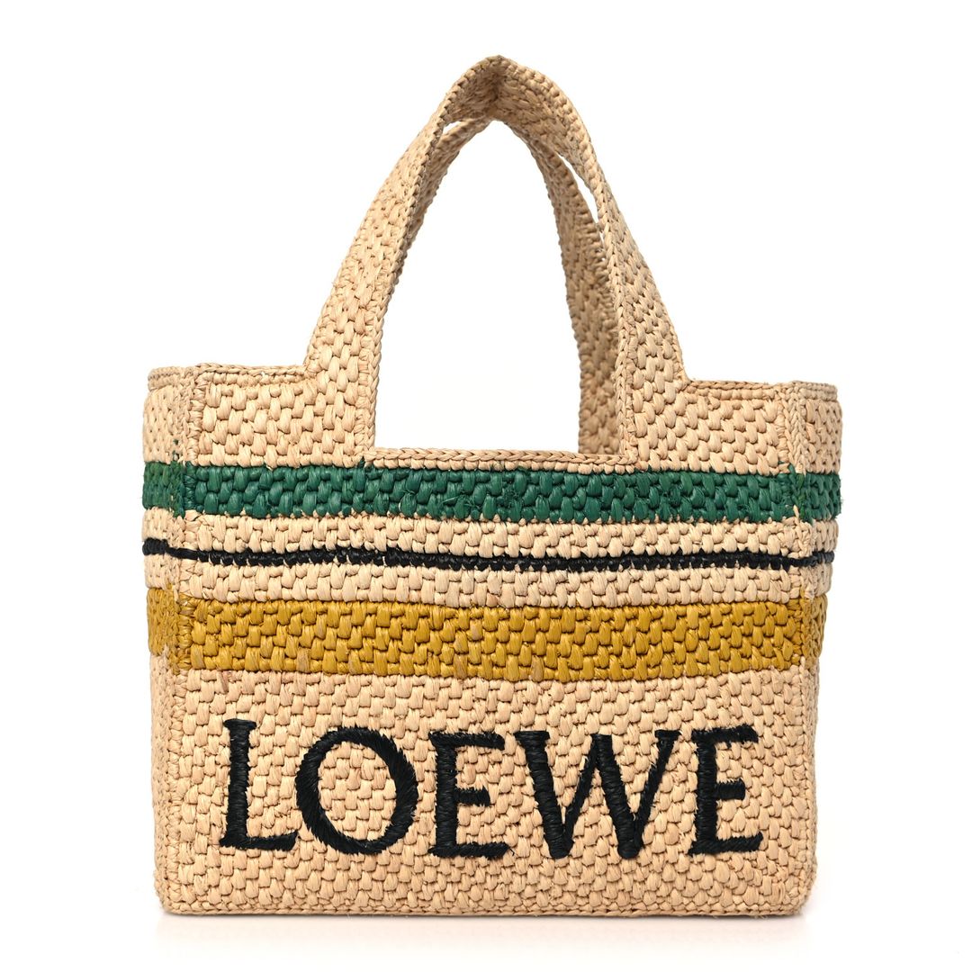 Raffia Small Paula's Ibiza Logo Tote Beige Multicolor