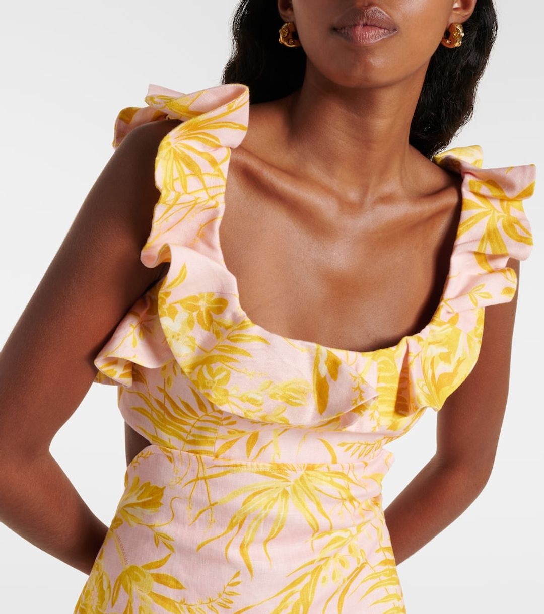 Golden Bow-detailed Open-back Ruffled Floral-print Linen Mini Dress #6