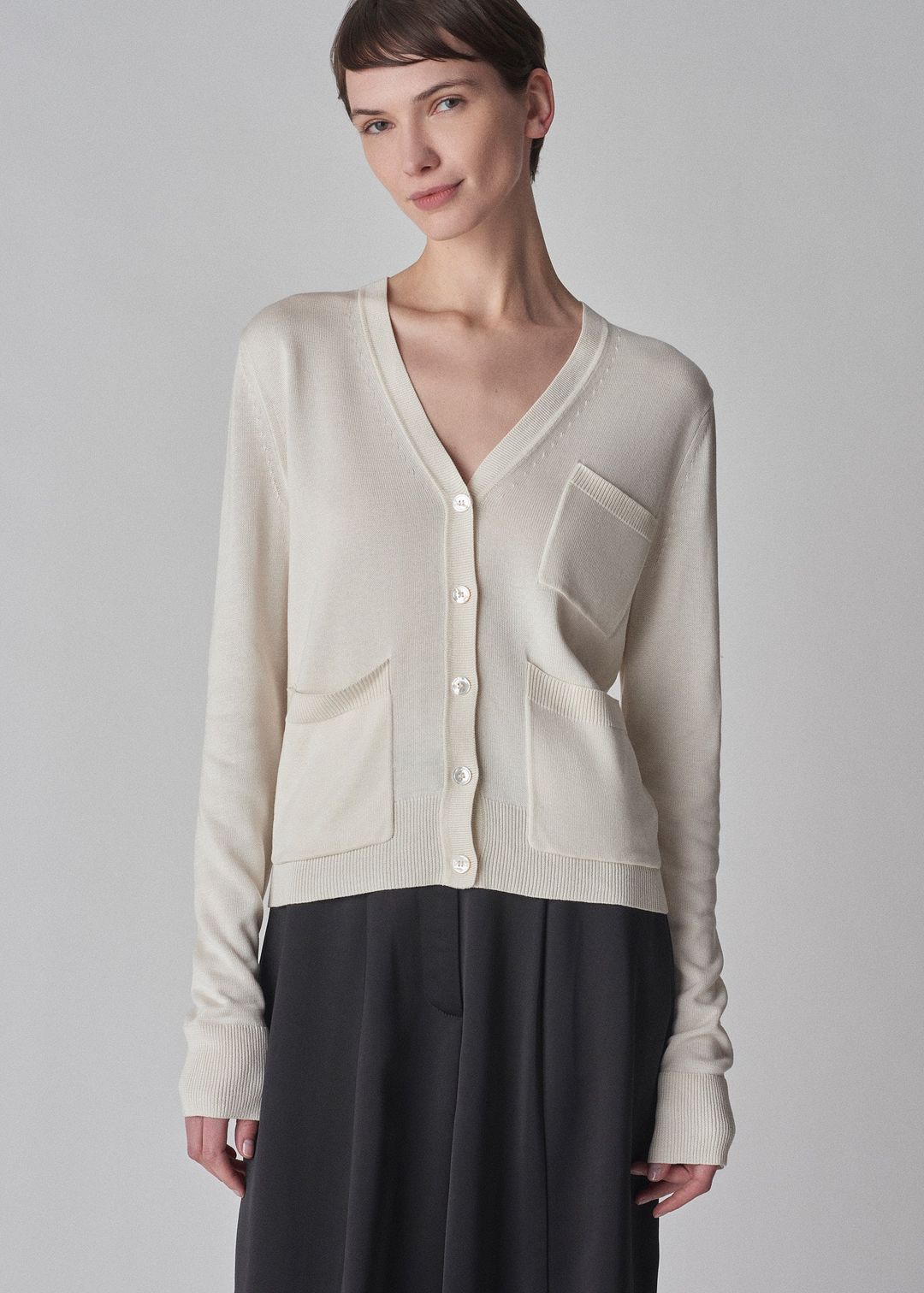 V-Neck Cardigan in Silk Knit - Ivory