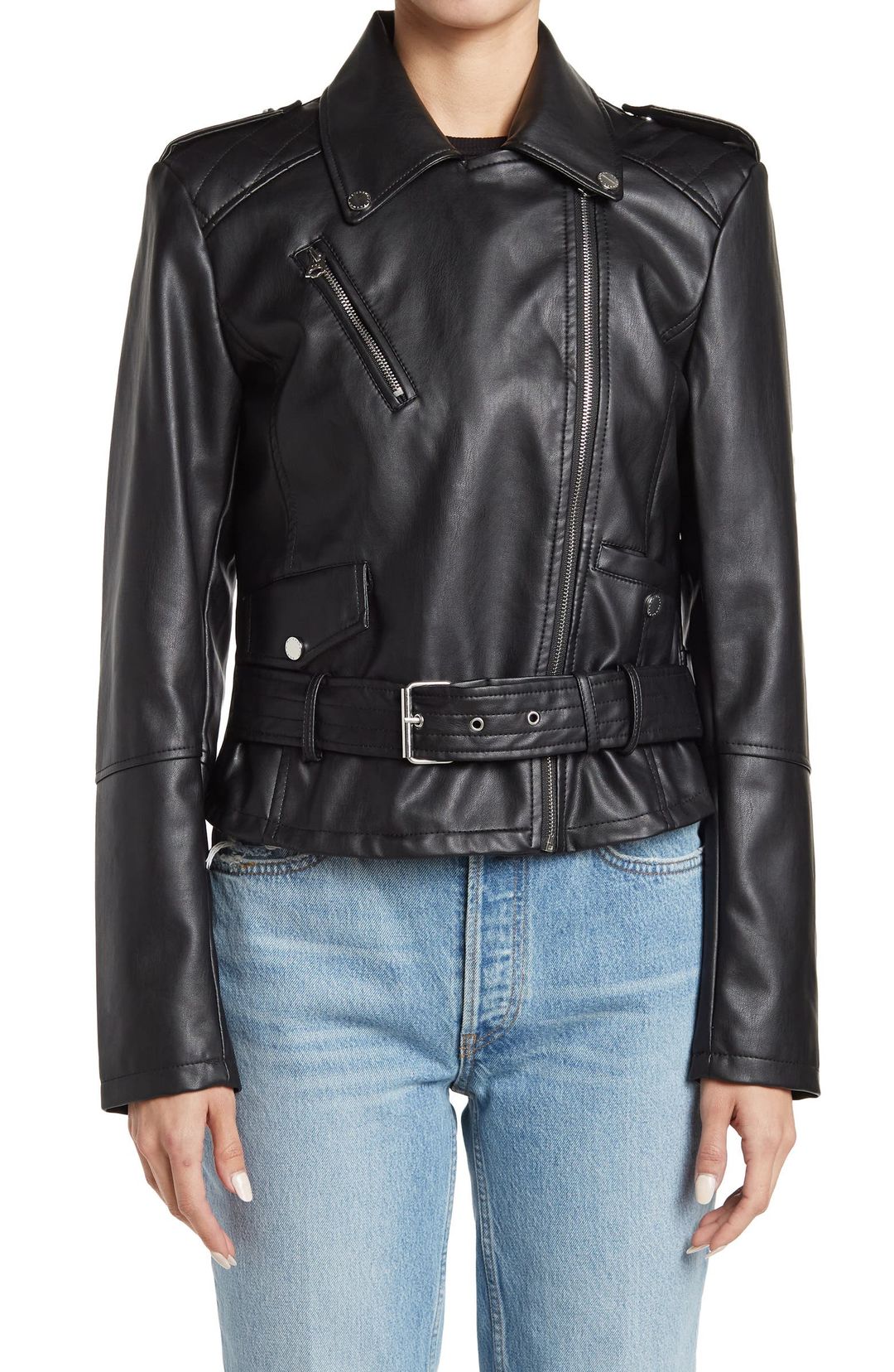 Faux Leather Belted Moto Biker Jacket #3