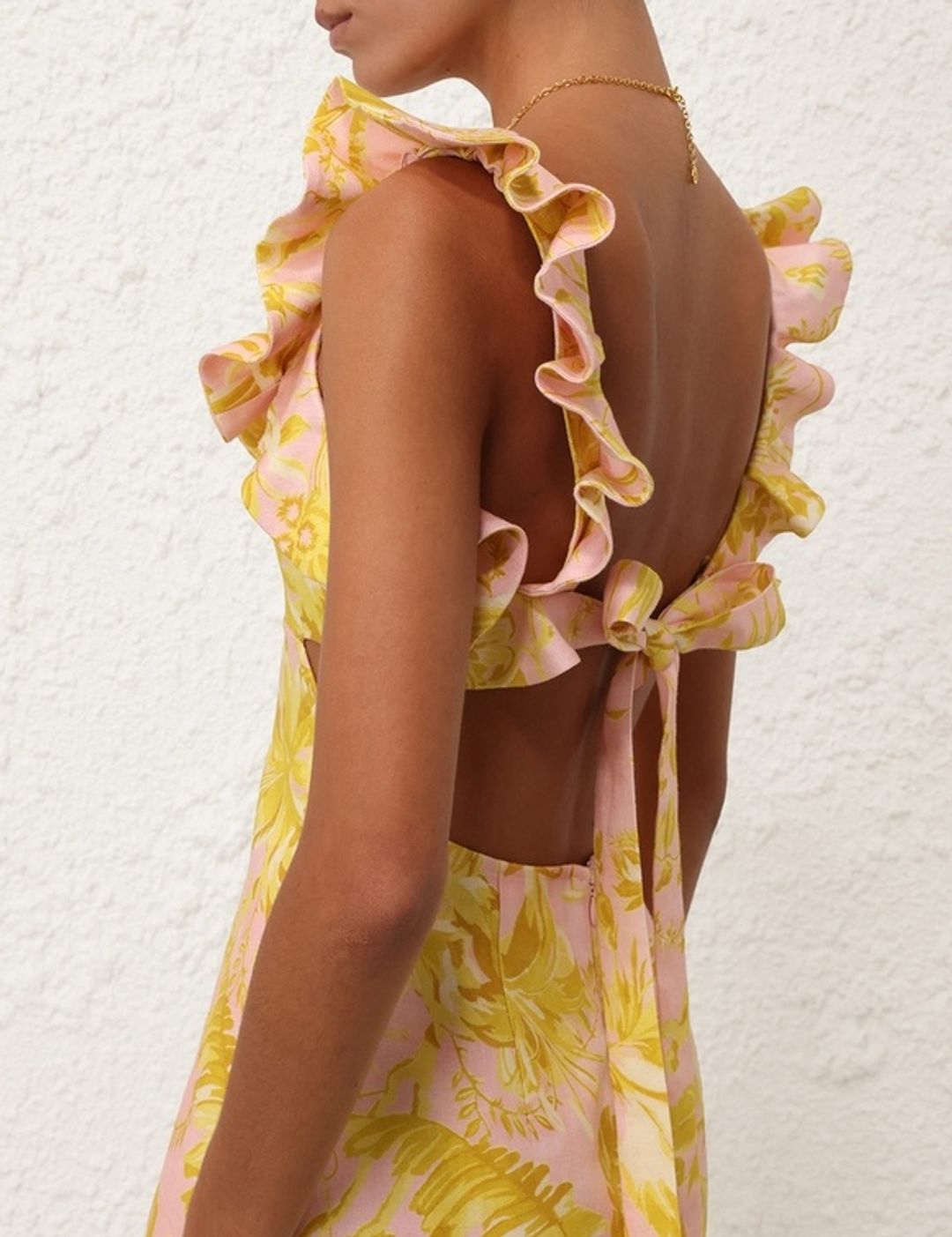 Golden Bow-detailed Open-back Ruffled Floral-print Linen Mini Dress #15