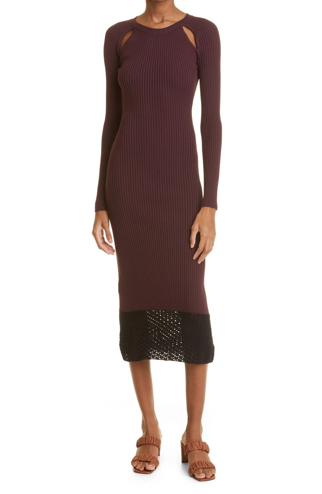 Mulholland Cutout Detail Long Sleeve Midi Dress in Burgundy