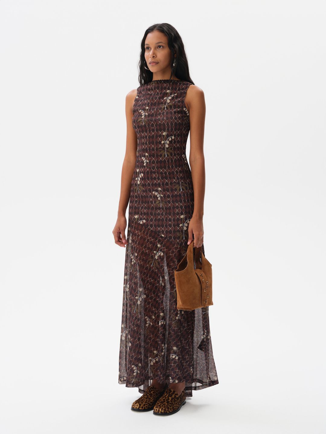 FENS - Open-back printed mesh maxi dress