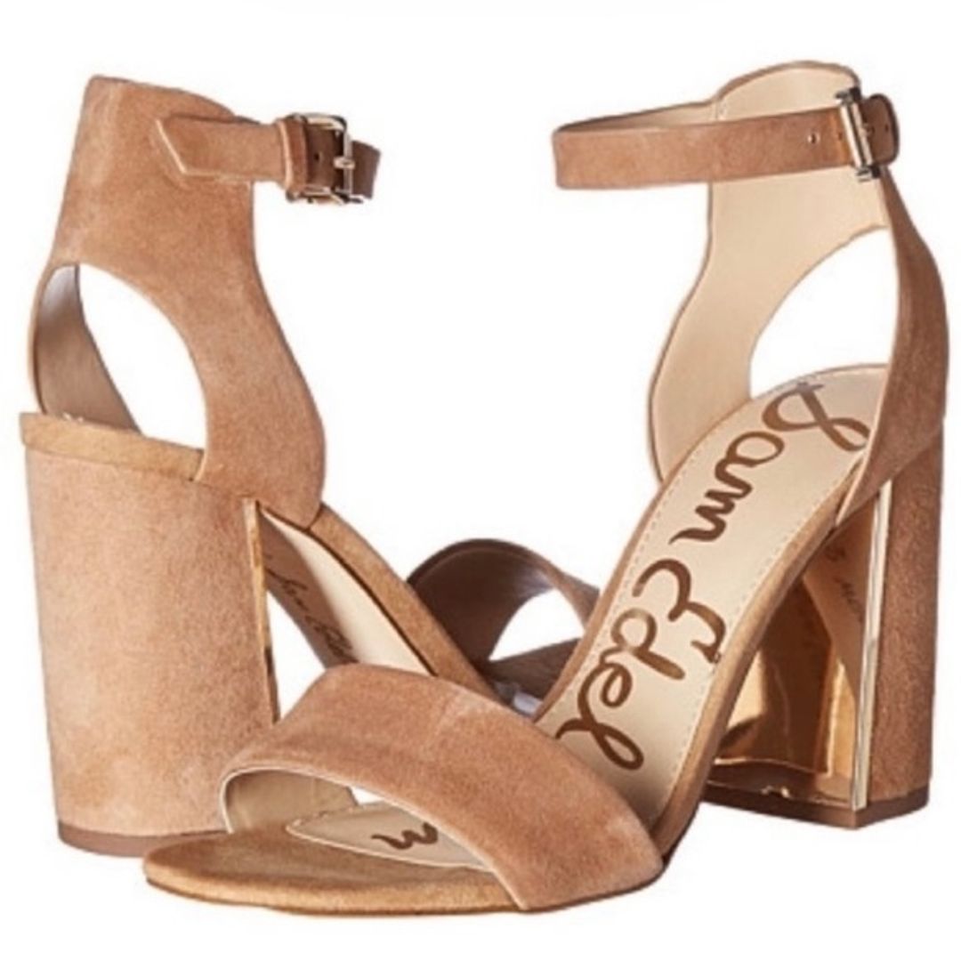 Synthia Golden Caramel Suede Block Heel Ankle Strap Heels Pumps