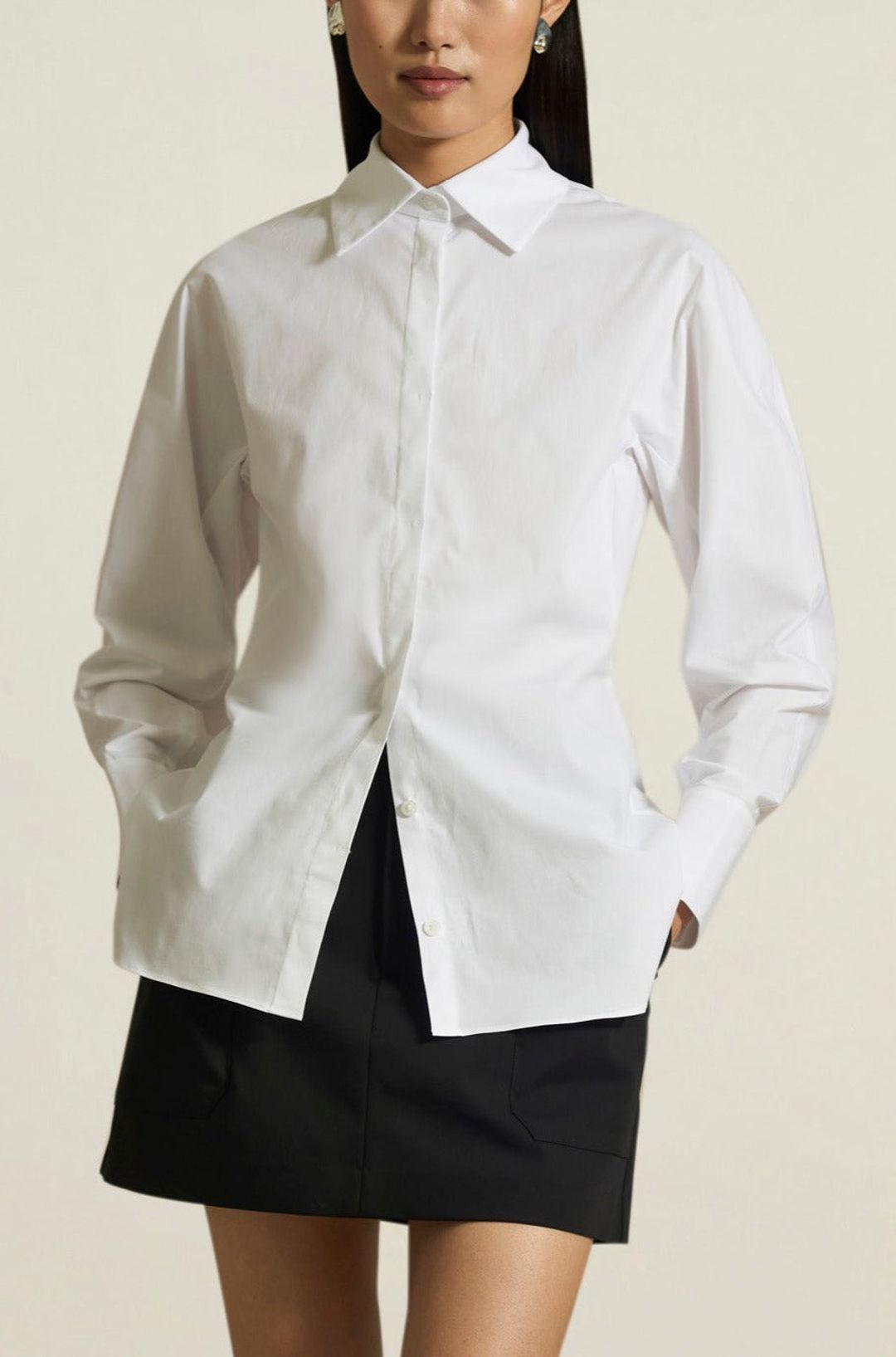 Safari Blouse in White Stretch Poplin