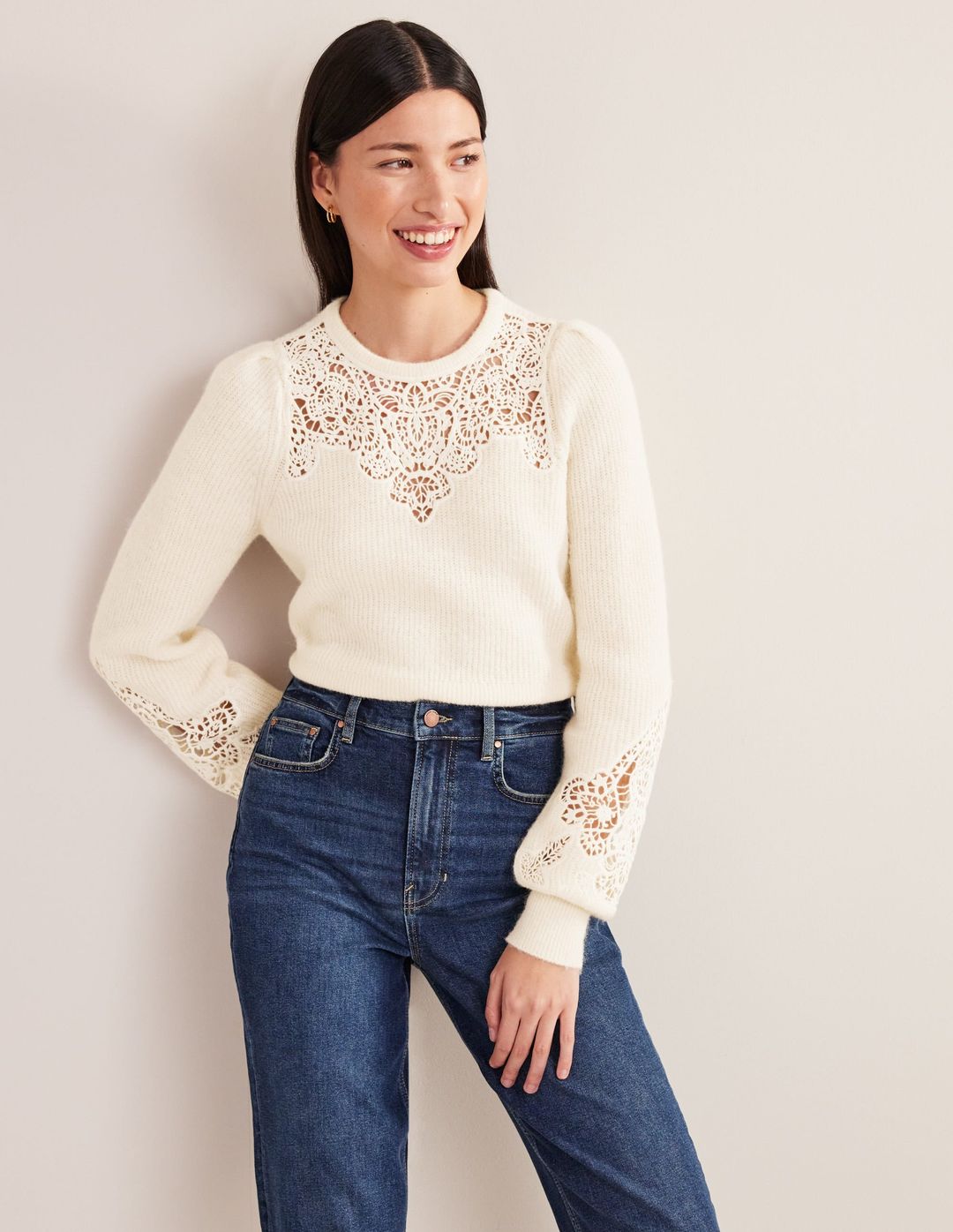 Lace Panel Fluffy Sweater-Ivory #4