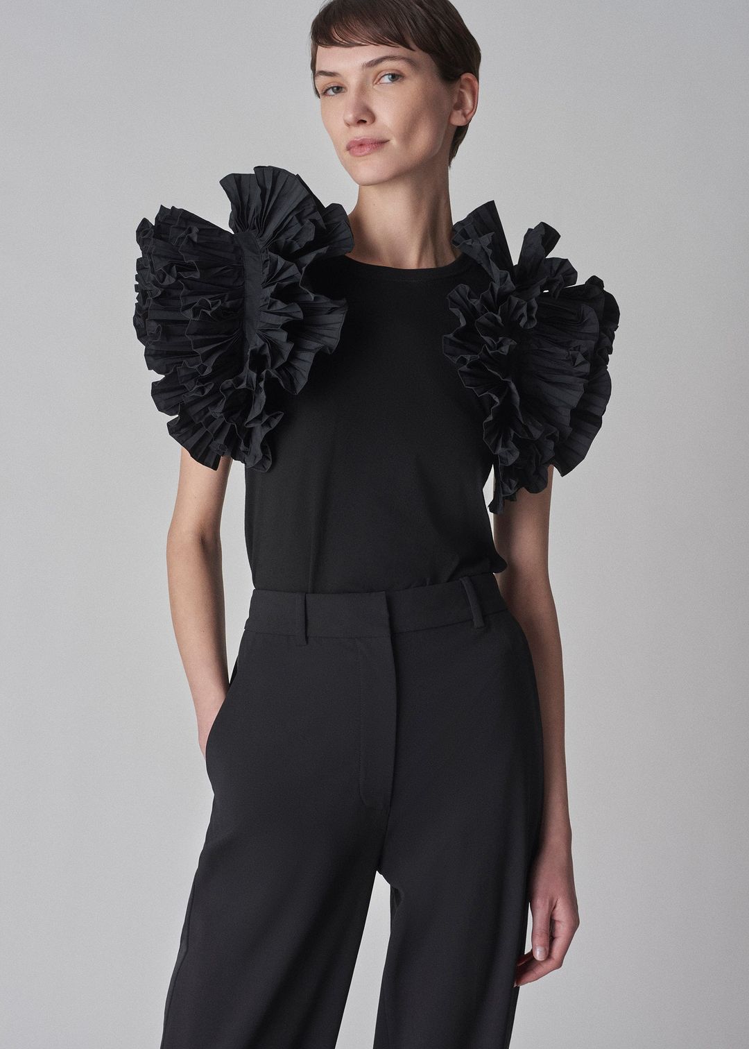 Taffeta Sleeve T Shirt in Cotton Jersey - Black