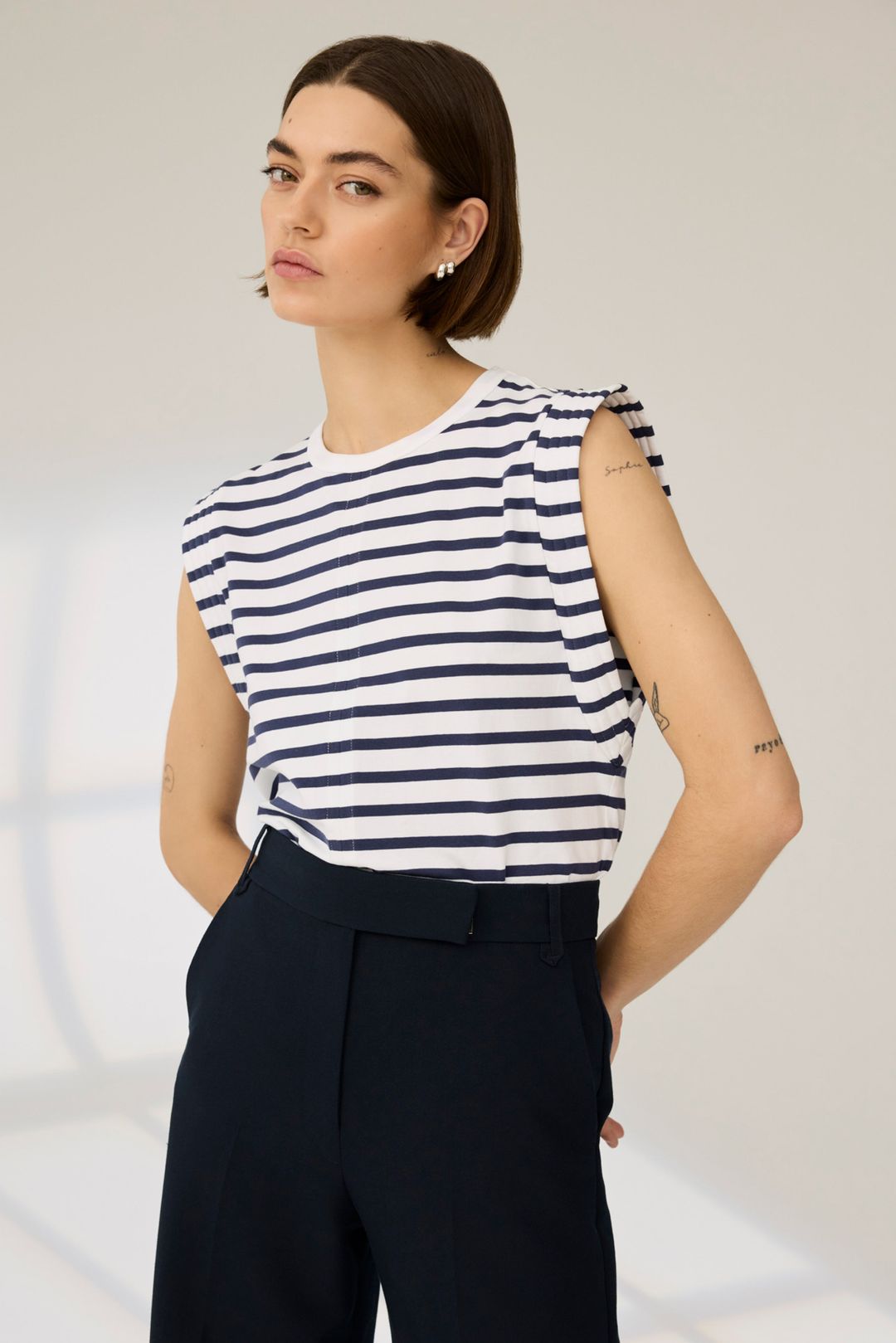 The Gimme That Shoulder Tee in Navy Stripe
