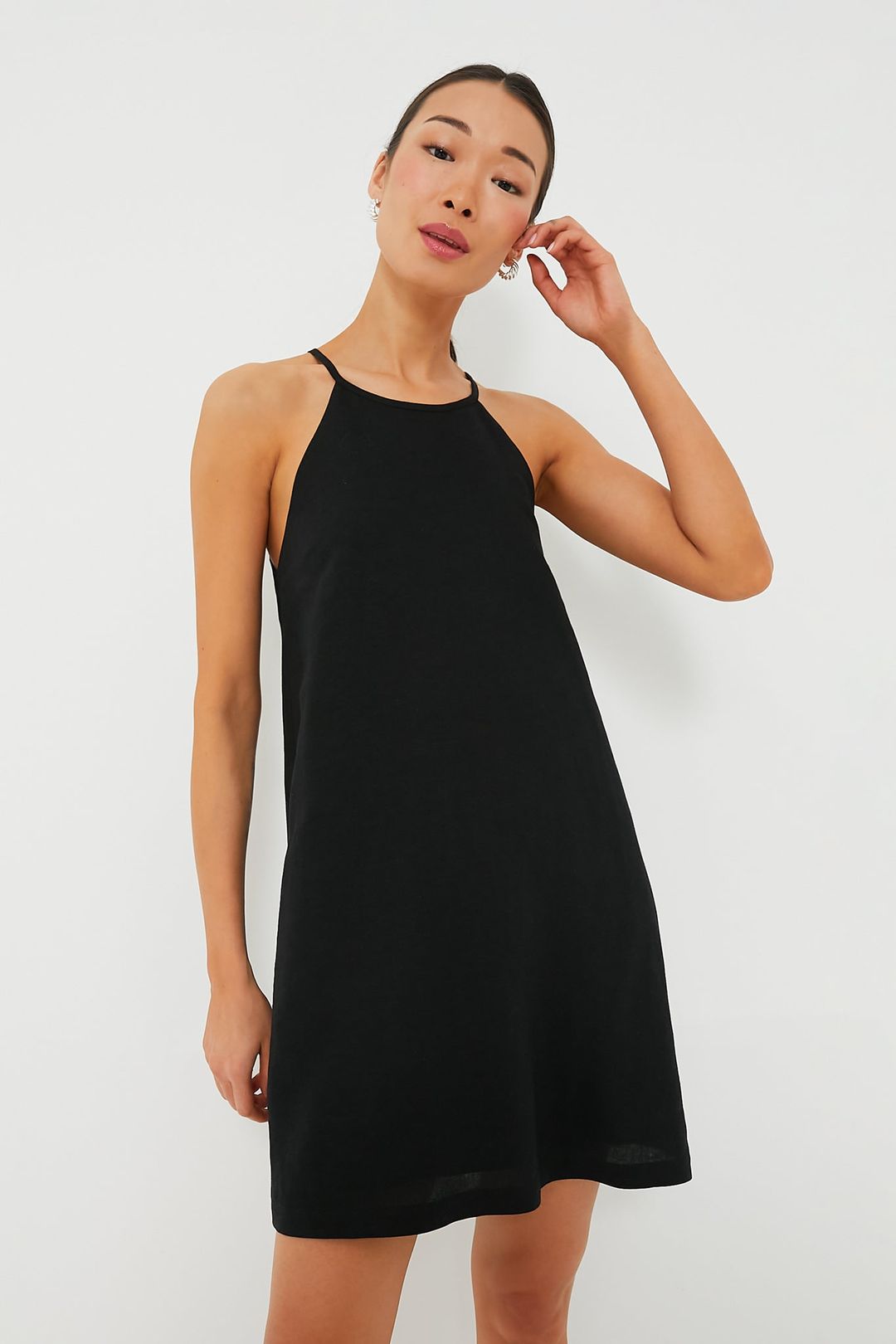 Black Linen High Neck Short Dress