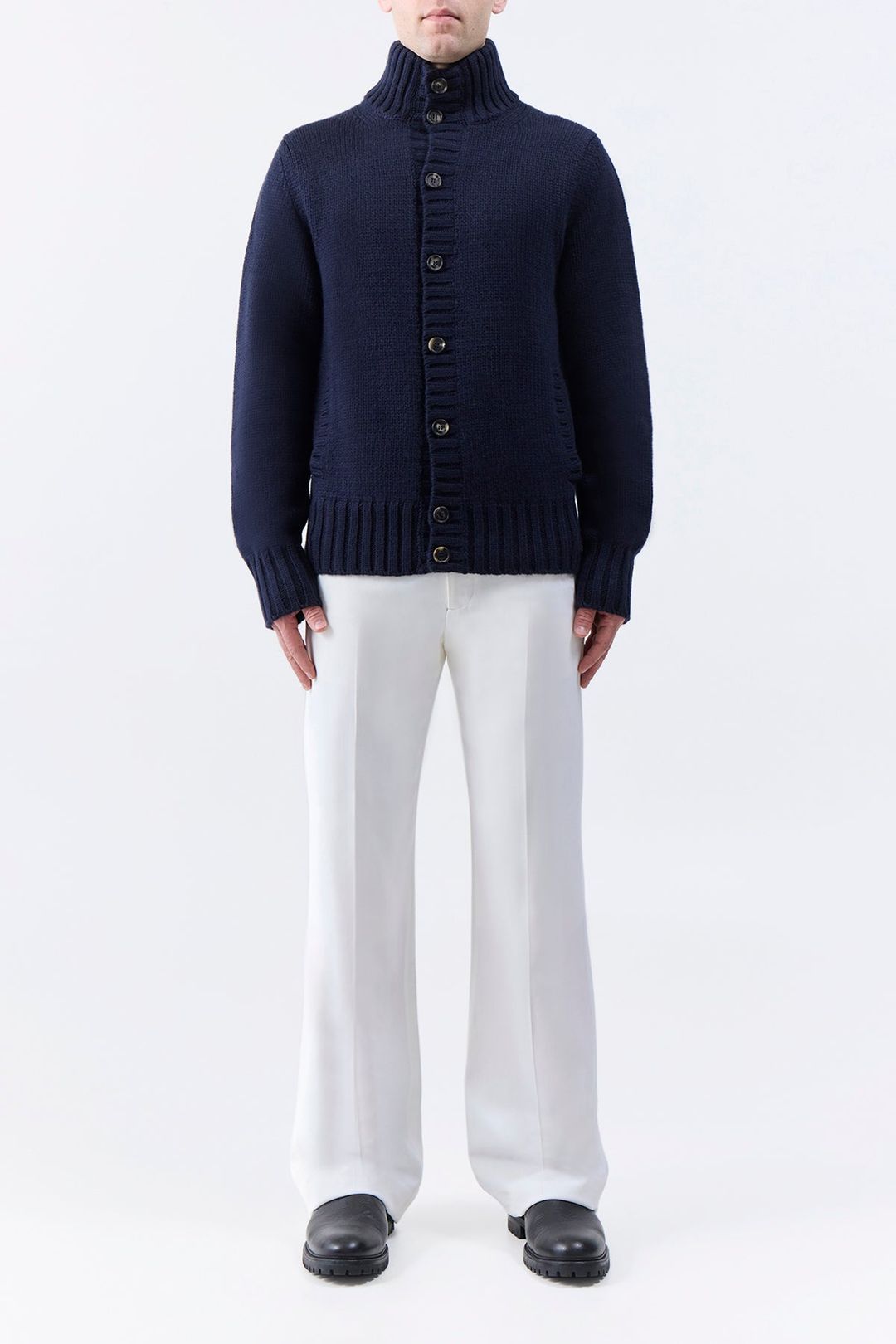 Jacobo Knit Turtleneck Cardigan in Dark Navy Piuma Cashmere