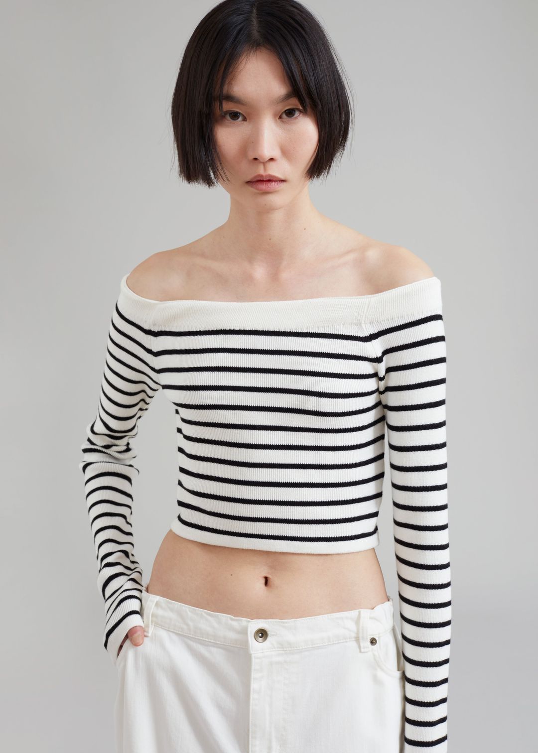 Coco White Off Shoulder Sweater - Black Stripe #7