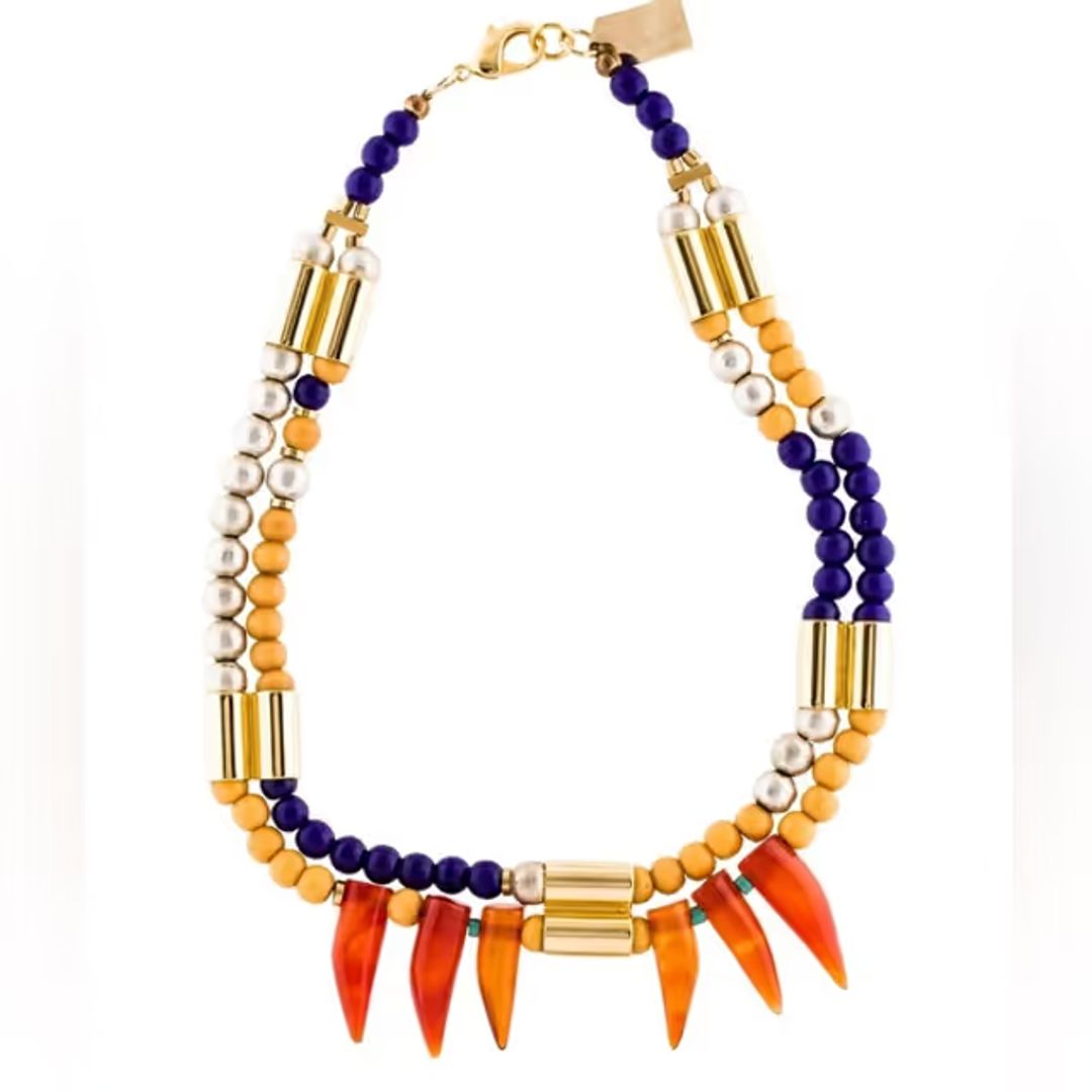 Gold-tone necklace w/resin, carved carnelian & bead turquoise