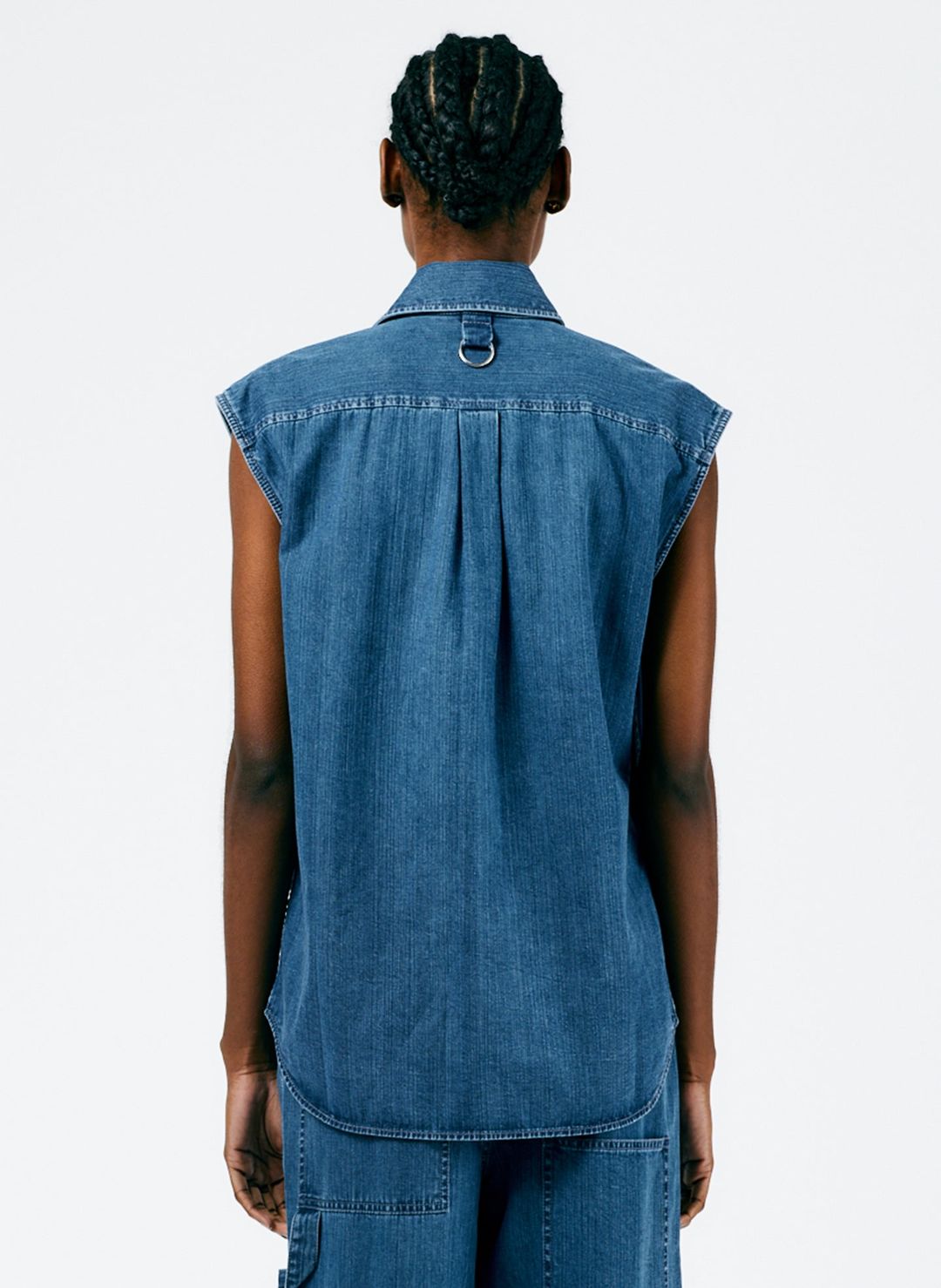 Stone Washed Denim Sleeveless Easy Shirt #4