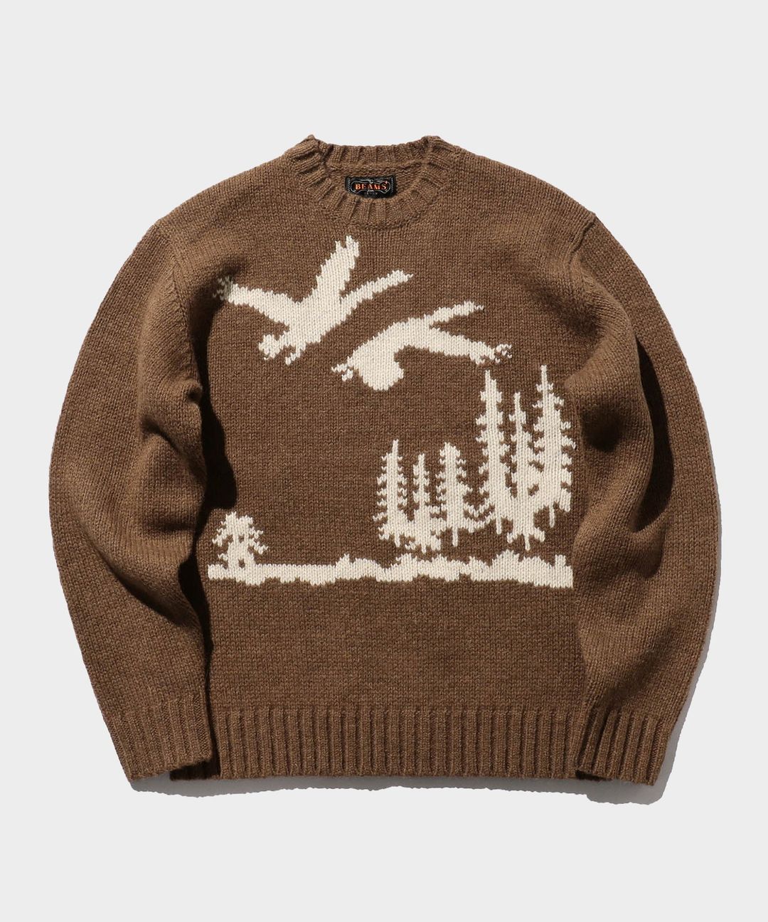 BEAMS Plus Crew Neck Intarsia 3G in Brown