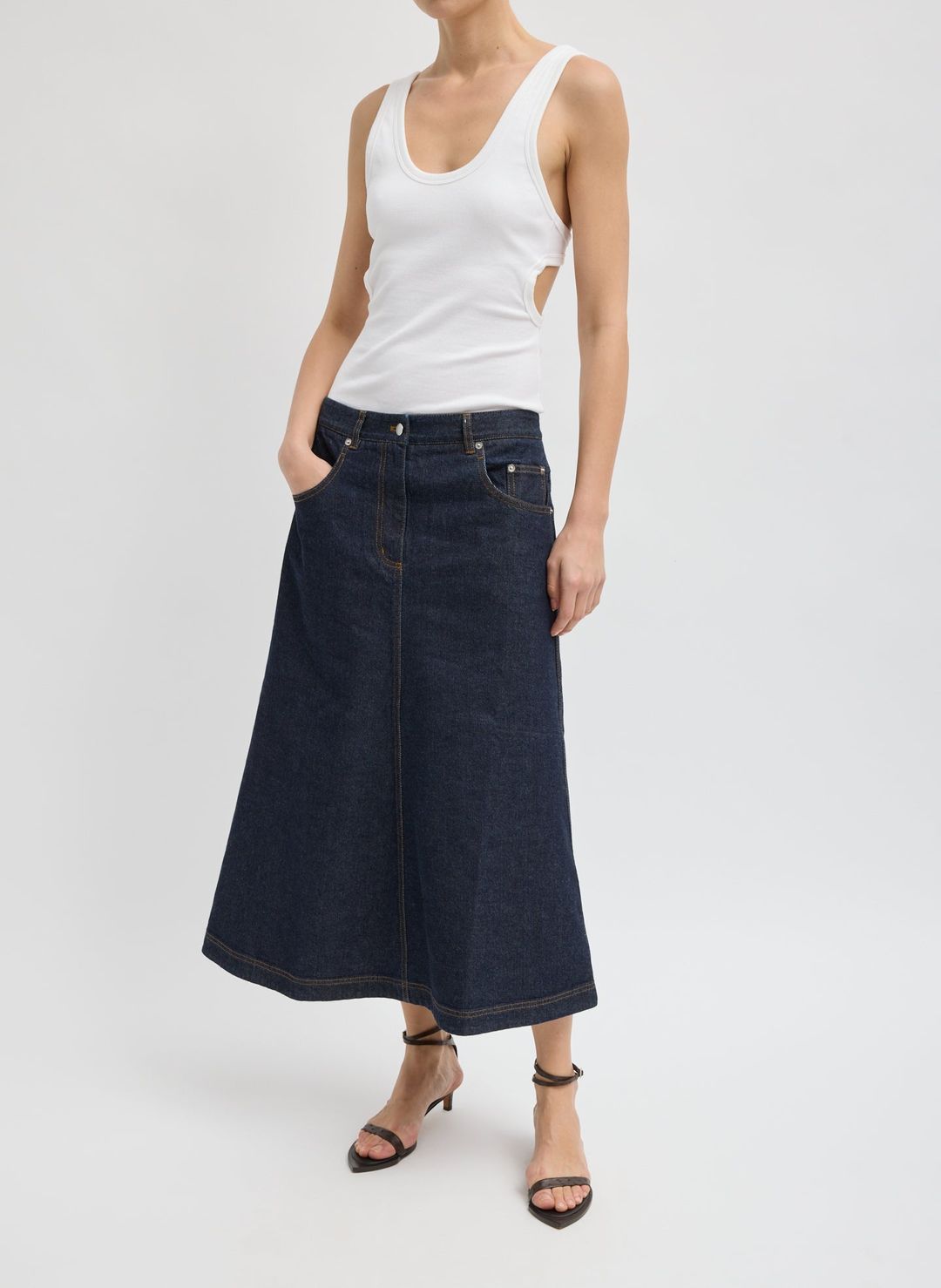 Indigo Denim Midi A-Line Skirt