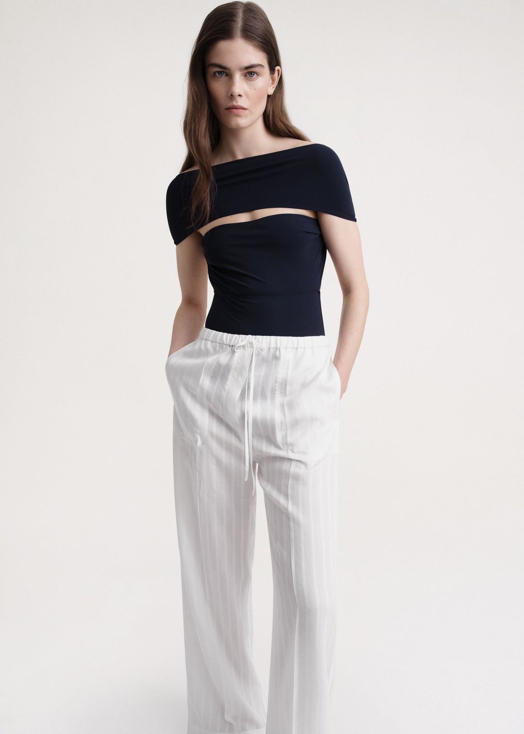 Jacquard stripe drawstring trousers white #4