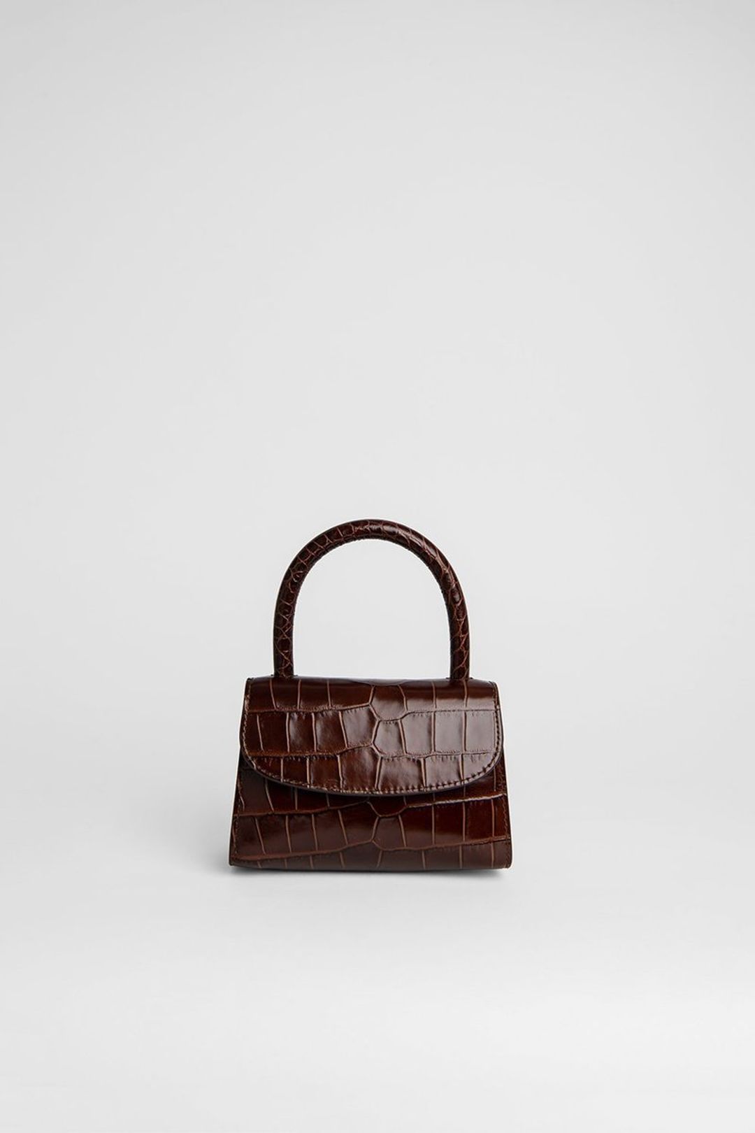 Mini Croco Embossed Top-Handle Bag, Brown