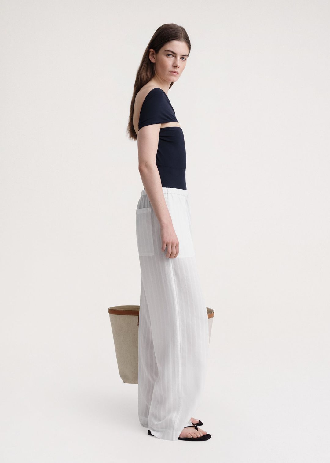 Jacquard stripe drawstring trousers white