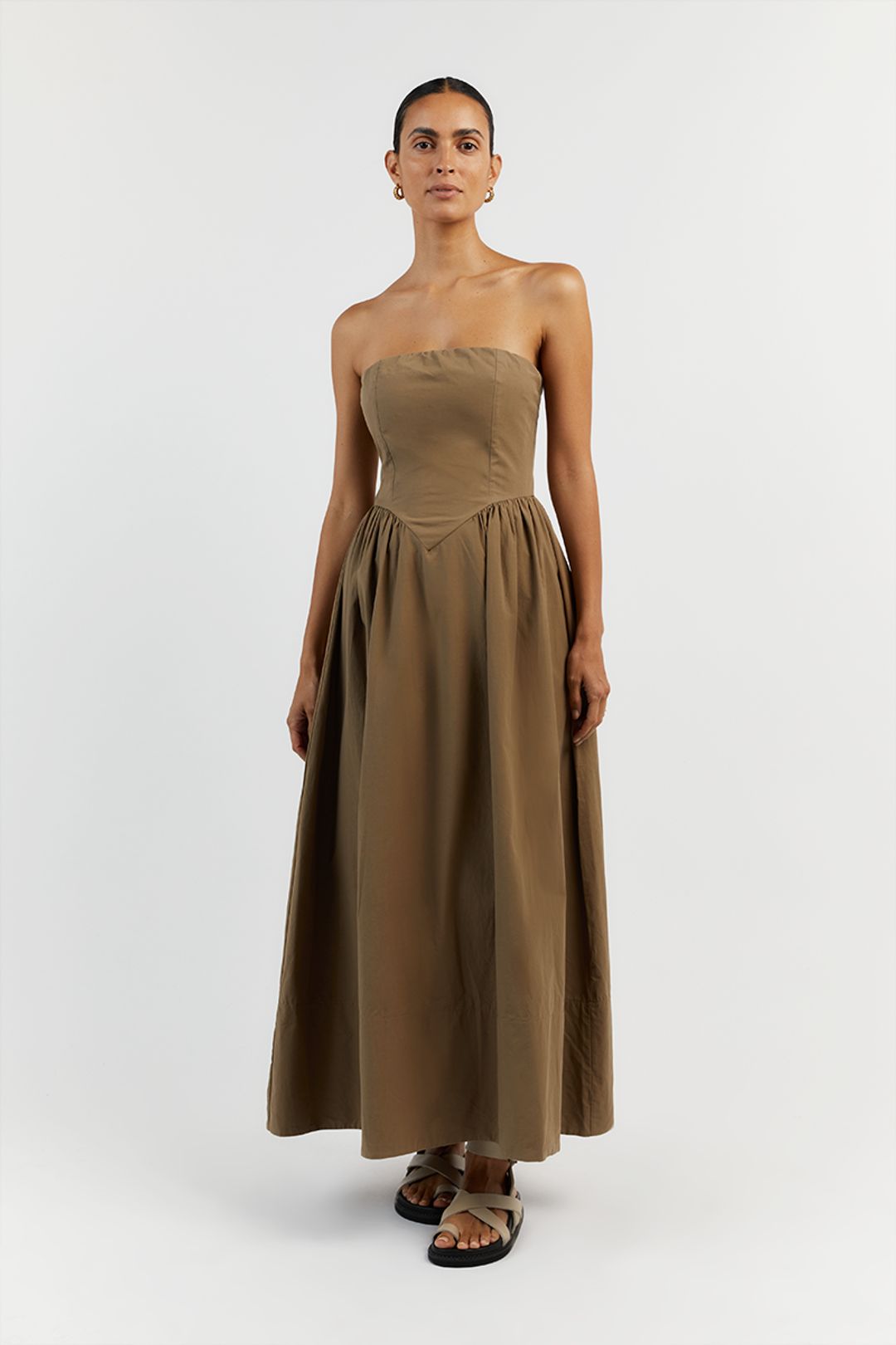 HYLAND COFFEE STRAPLESS MIDI DRESS