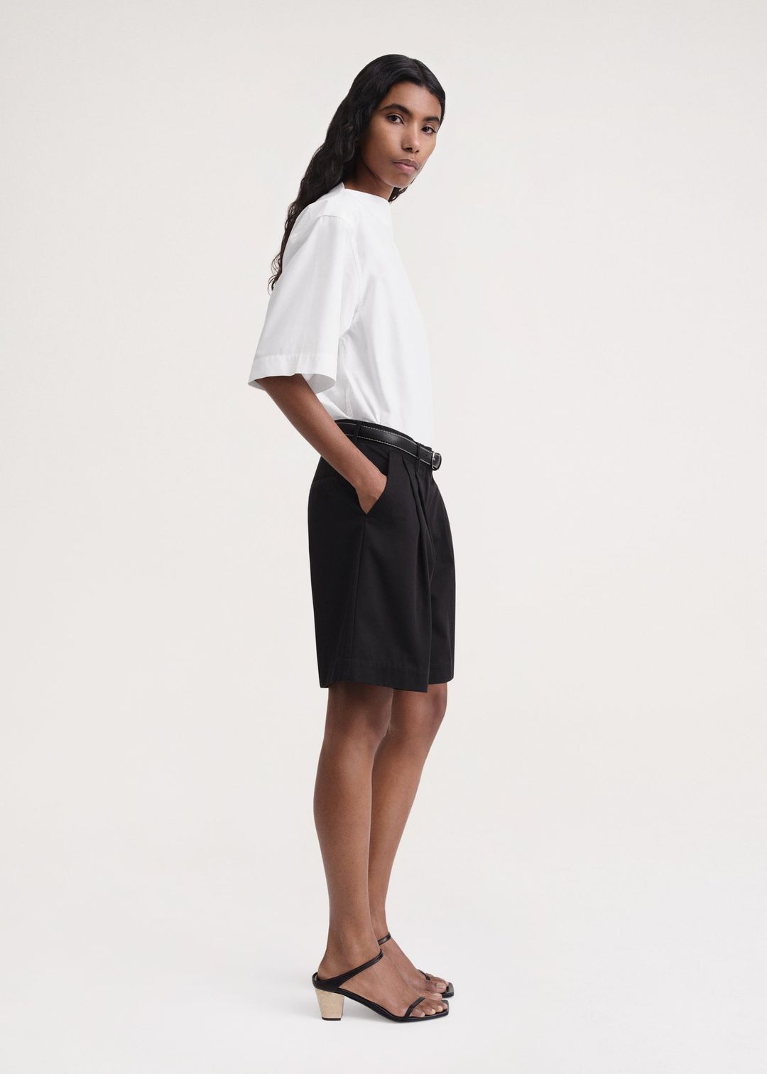 Pleated cotton-twill shorts black