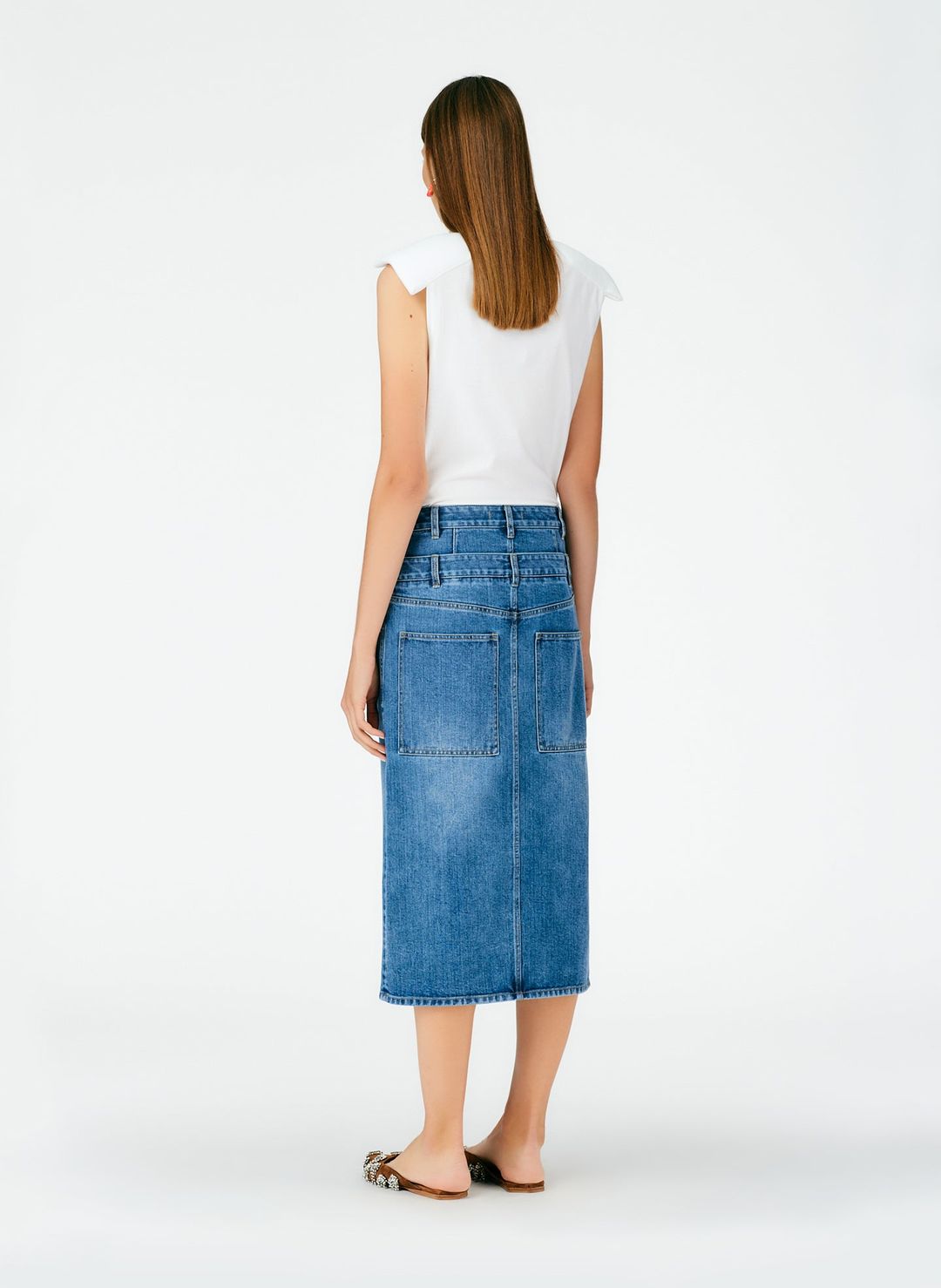 Classic Wash Double Waisted Denim Skirt #4