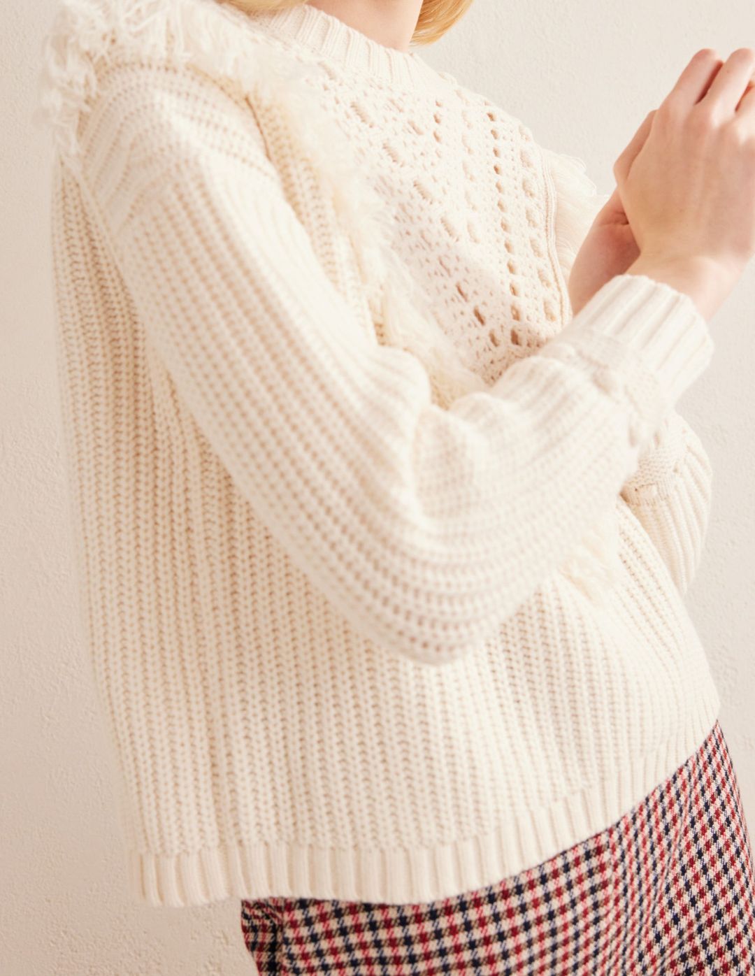 Fringe Detail Ribbed Sweater-Warm Ivory