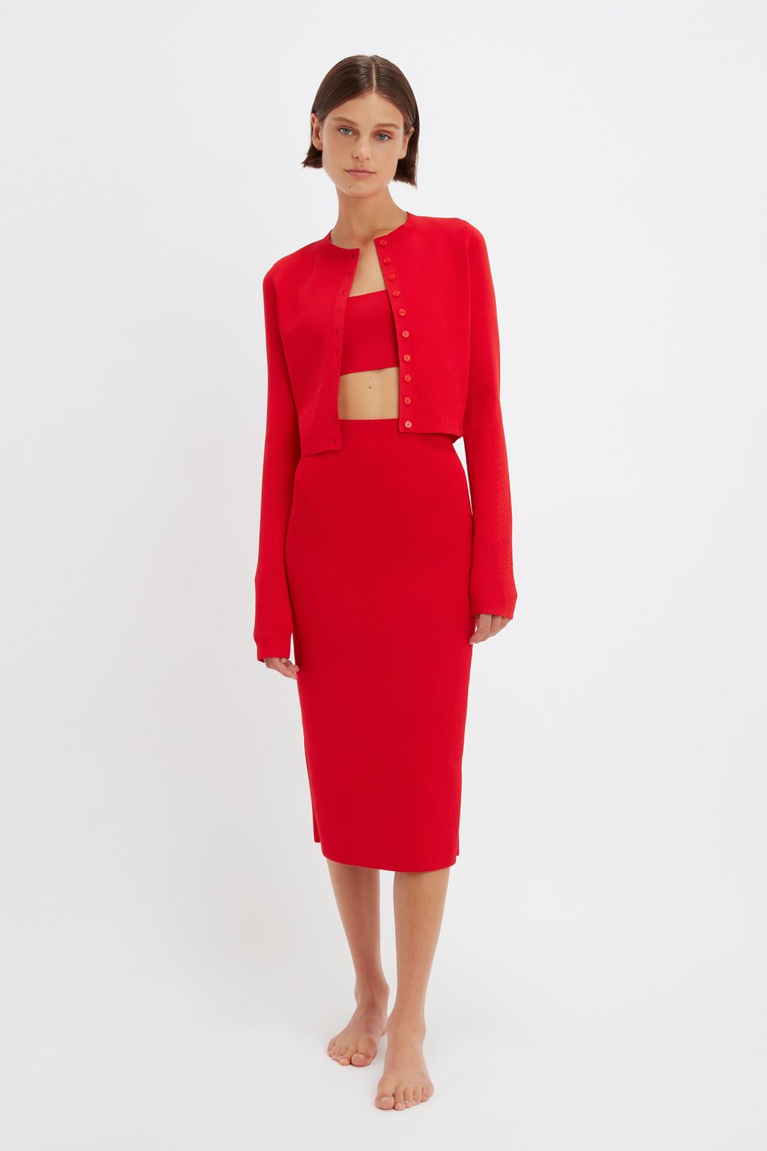 VB Body Cropped Fitted Cardigan in Red