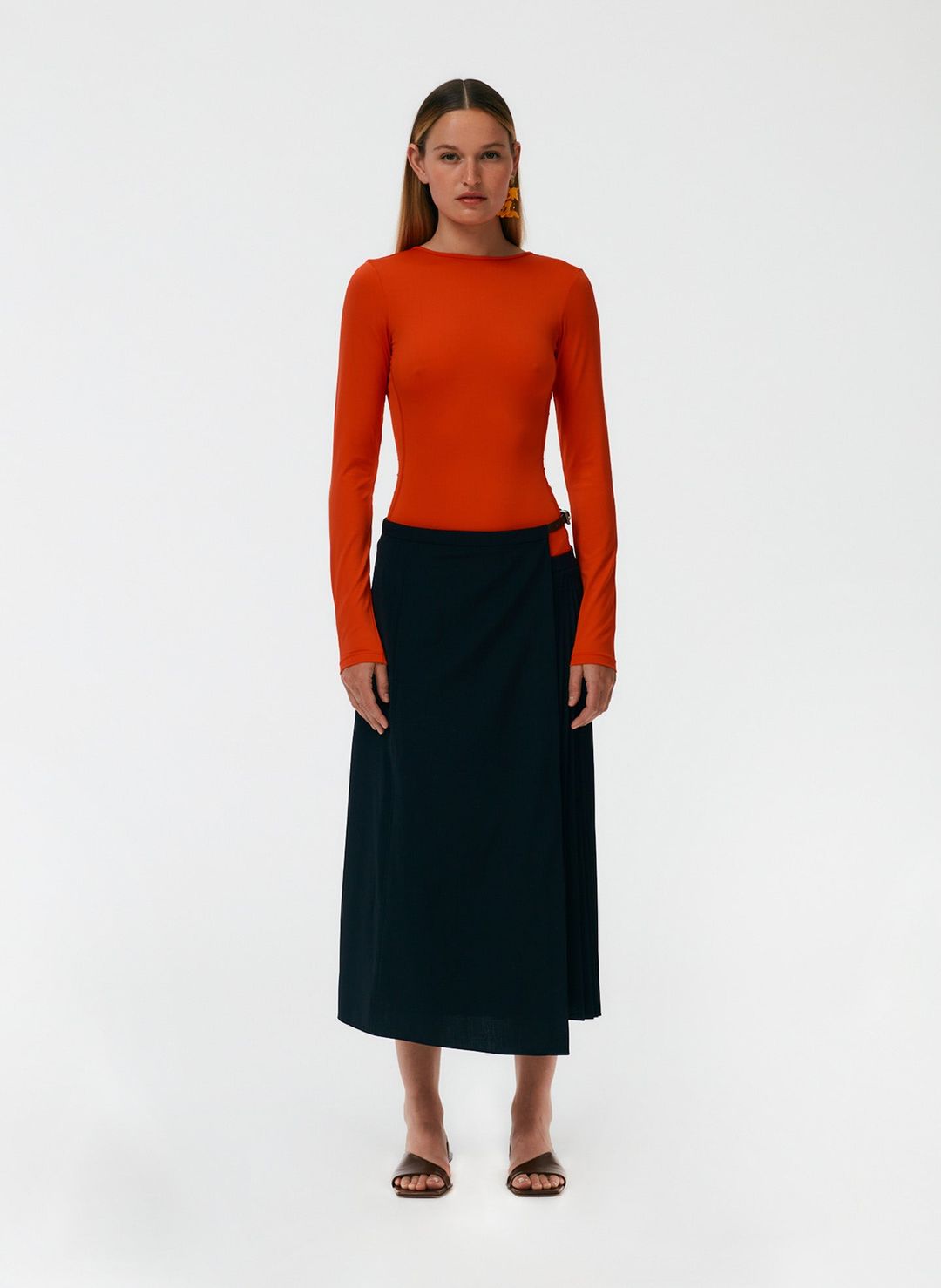Tropical Wool Pleated Leather Wrap Skirt #2