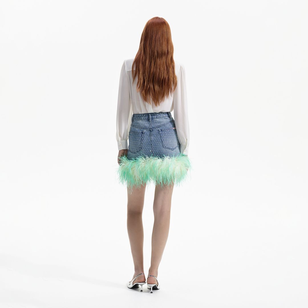 Blue Rhinestone Feather Denim Skirt #3