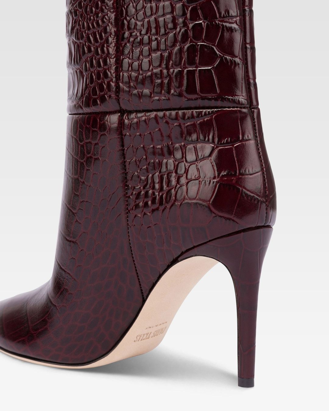 Pointed knee-high boots in rouge noir soft croco-embossed leather #5