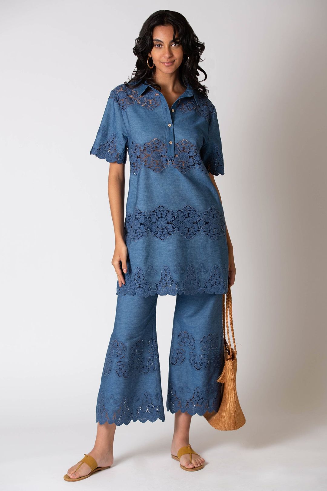 Elle Embroidered Tunic Dress in Indigo Denim