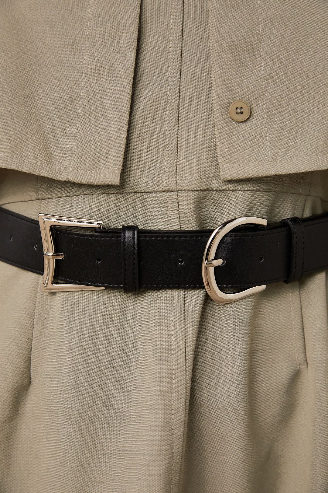 A-Line Double Buckle Belted Dress, Olive Khaki #3