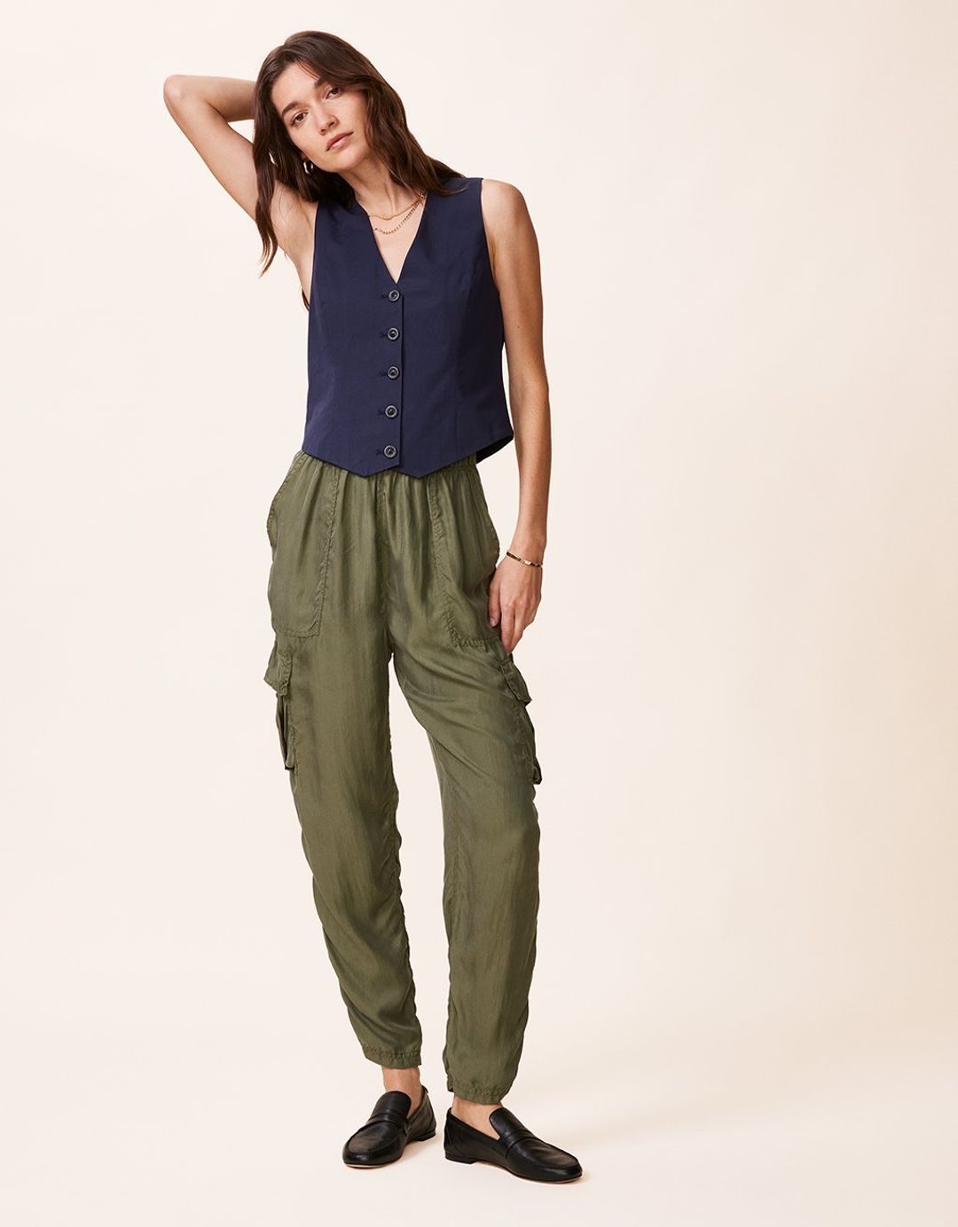 Washable silk cargo pant in Olive #6