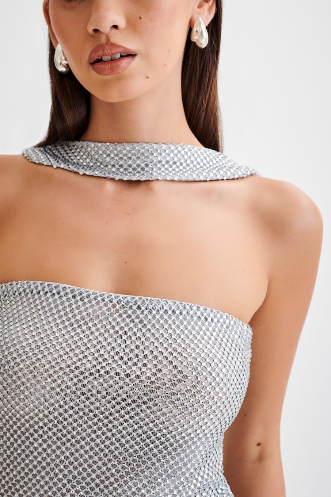 Agnes Diamante Mesh Halter Top - Silver #17
