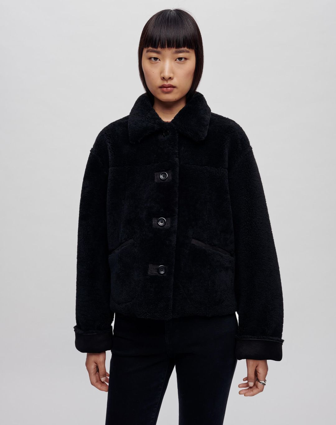 Reversible Shearling Boxy Jacket - Black Shearling #6