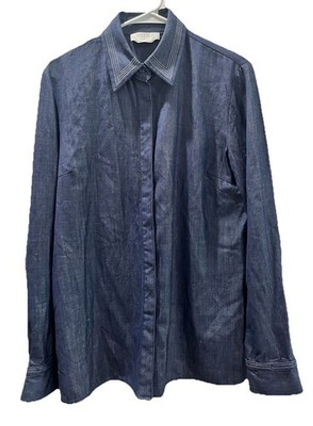 Blue Wool Silk Linen Button-Front Blouse 46 #6